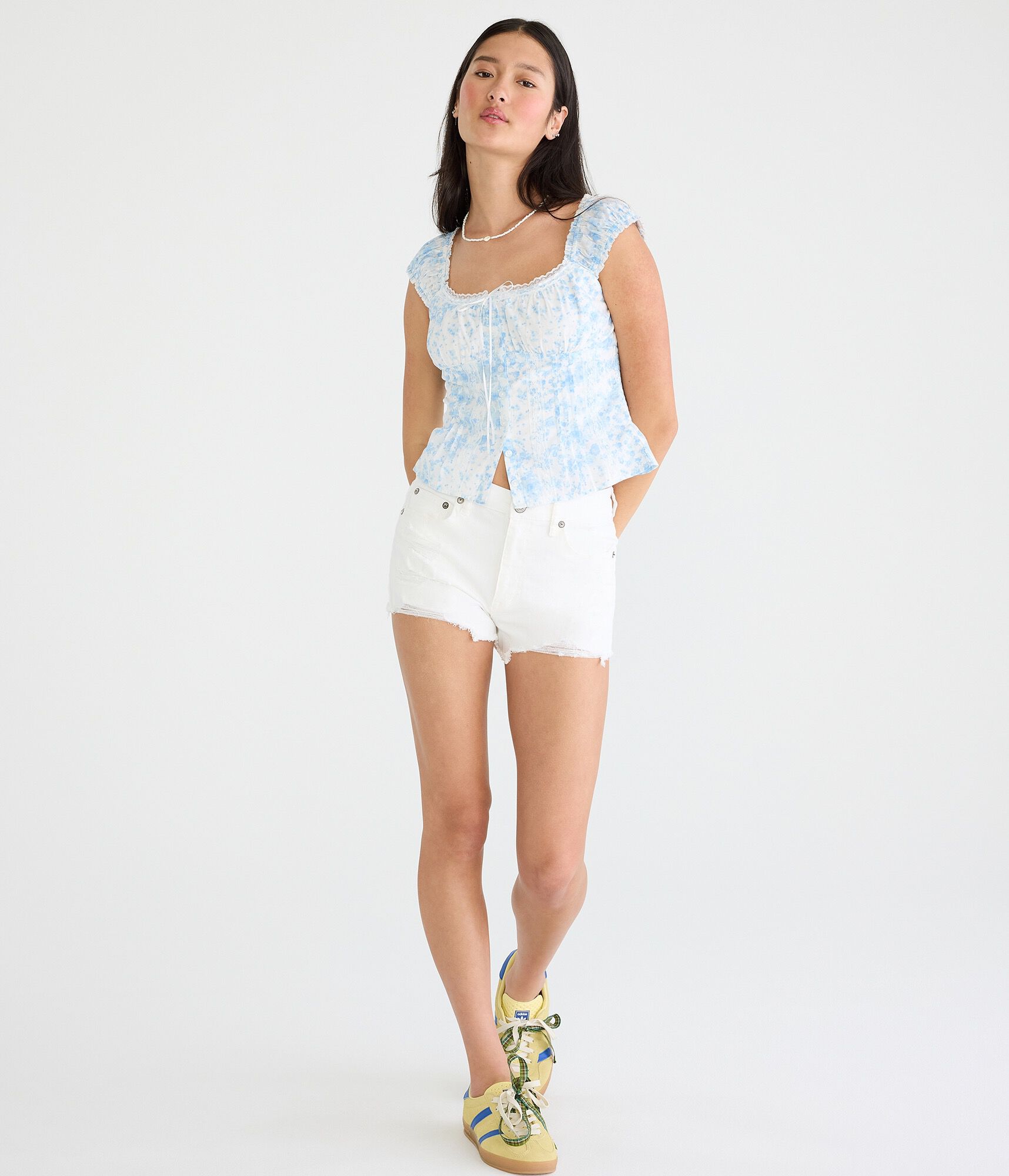 Floral Pintuck &amp; Lace Scoop-Neck Corset Top