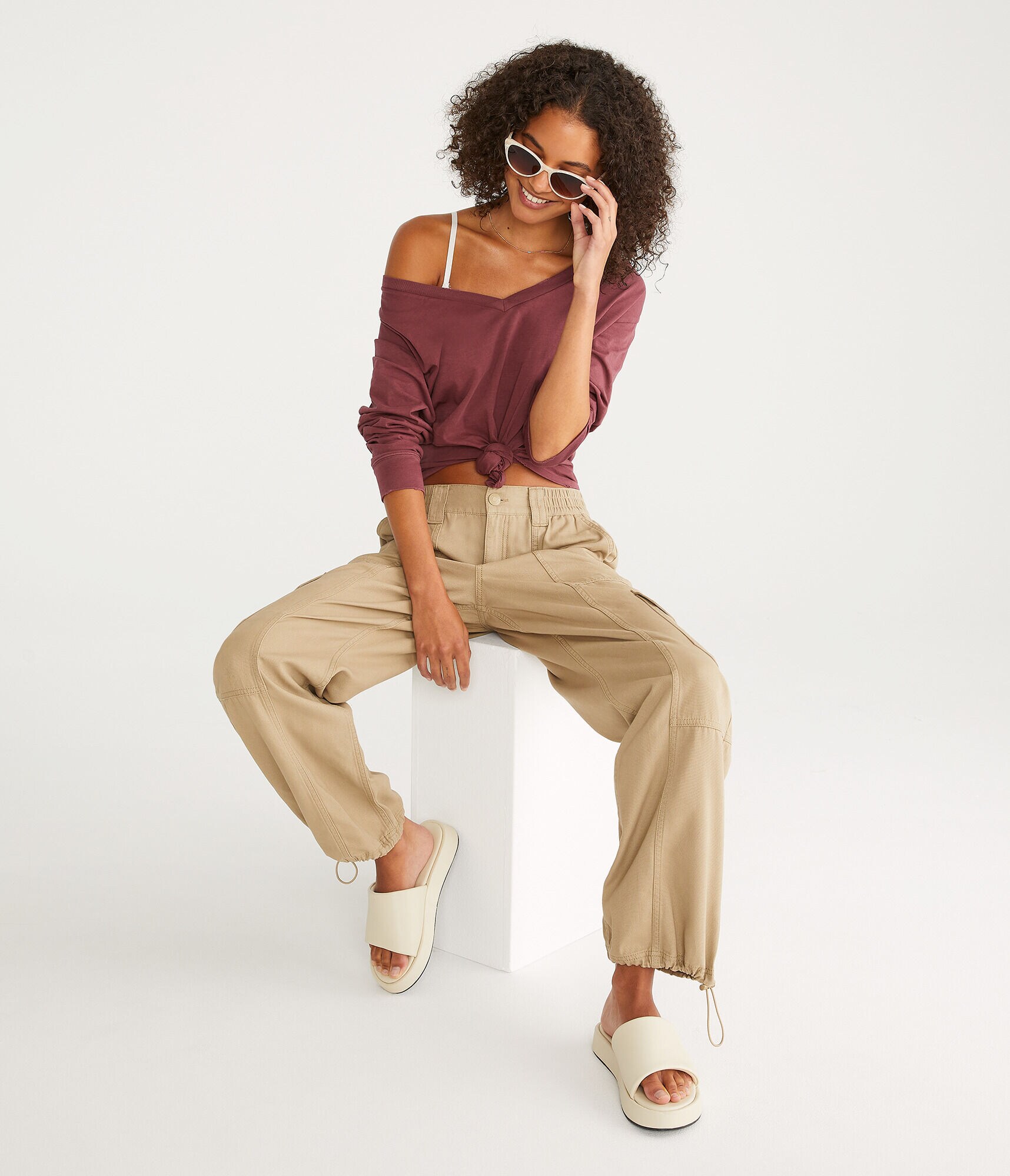 Long Sleeve Washed Loose Fit V-Neck Tee