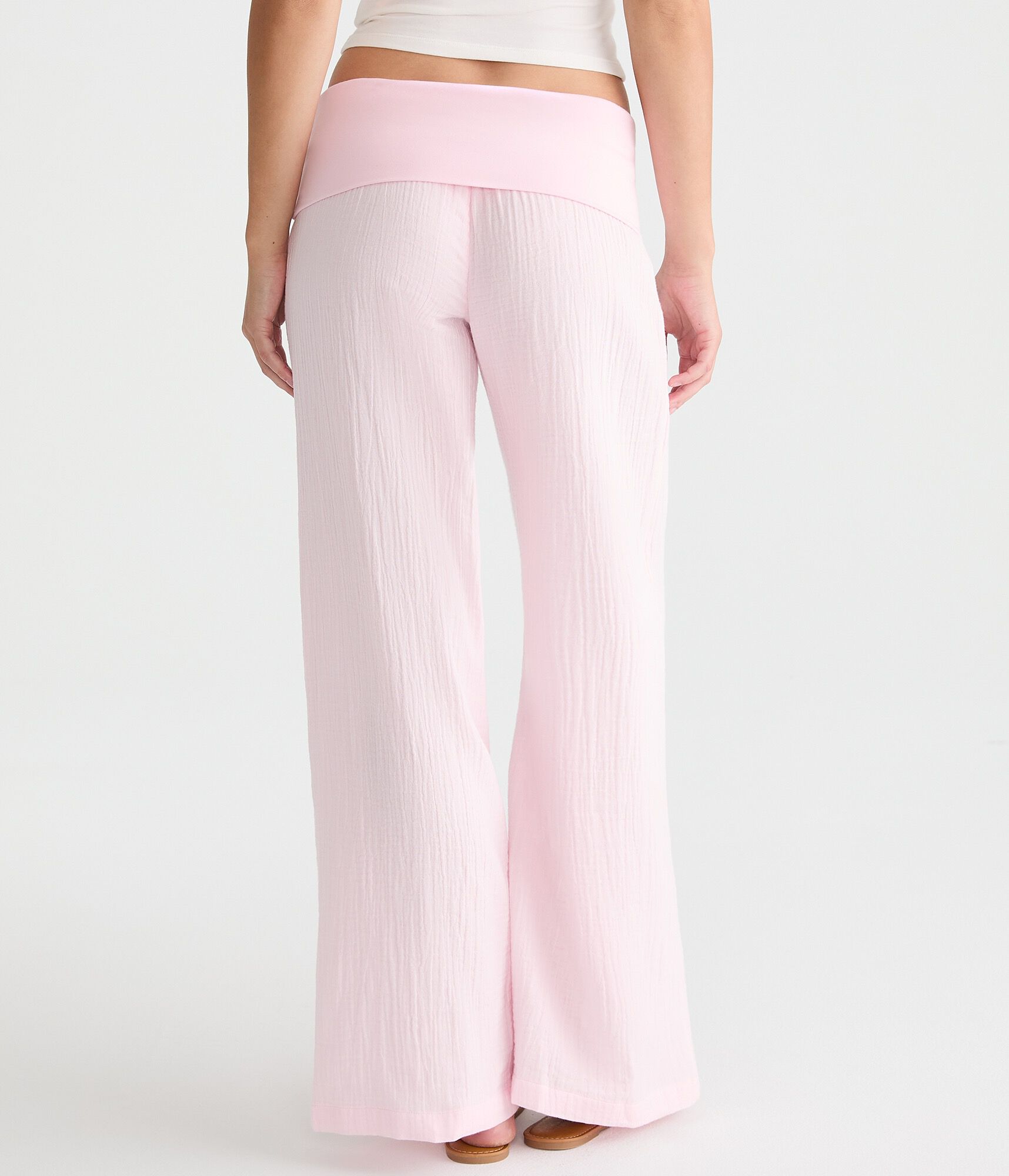 Low-Rise Gauze Fold-Over Wide Leg Pants
