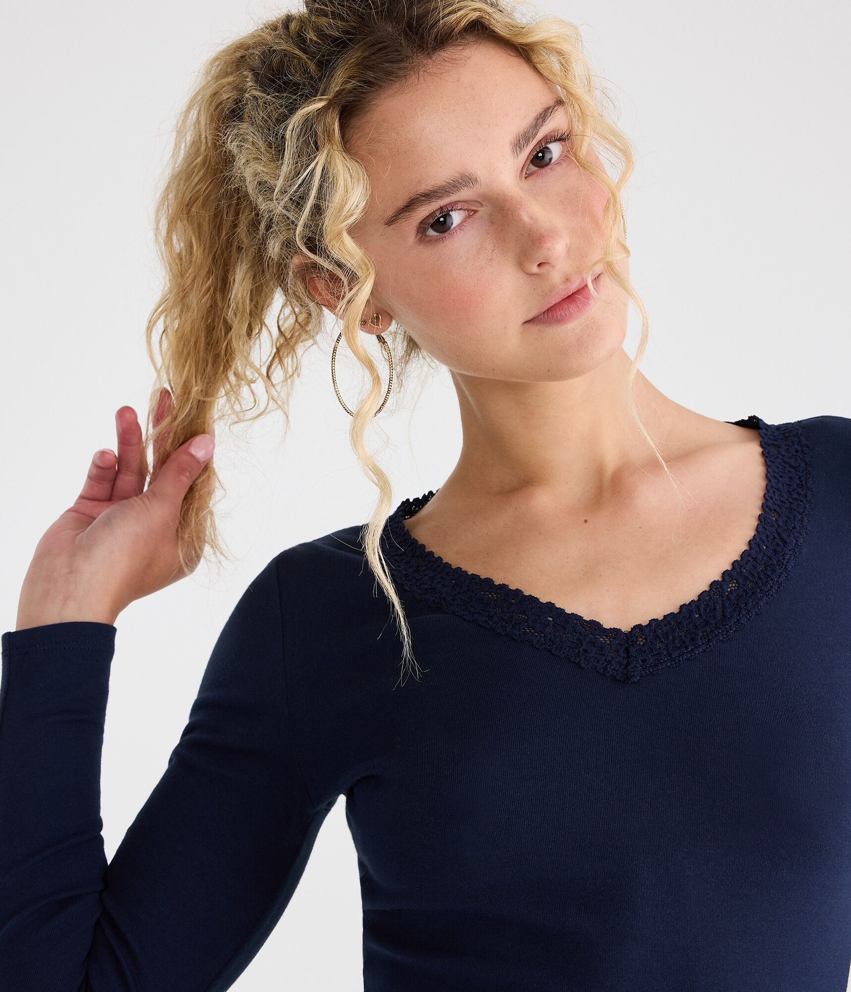 Long Sleeve Seriously Soft Lace-Trim V-Neck Tee
