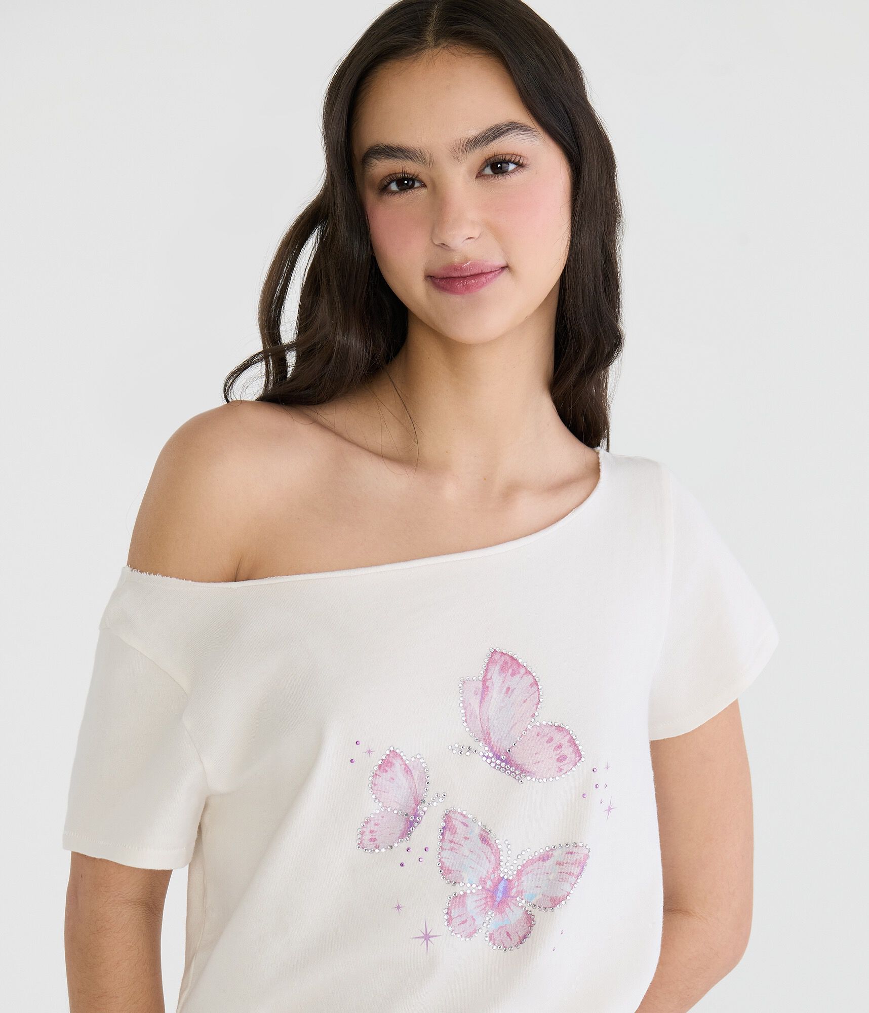 Seriously Soft Rhinestone Butterfly Off-The-Shoulder Vintage Fit Tee