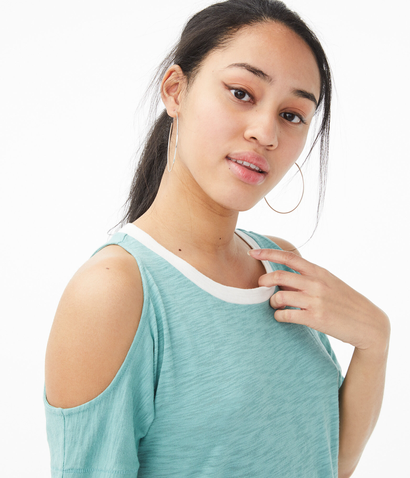 Ringer Cold-Shoulder Crew Tee