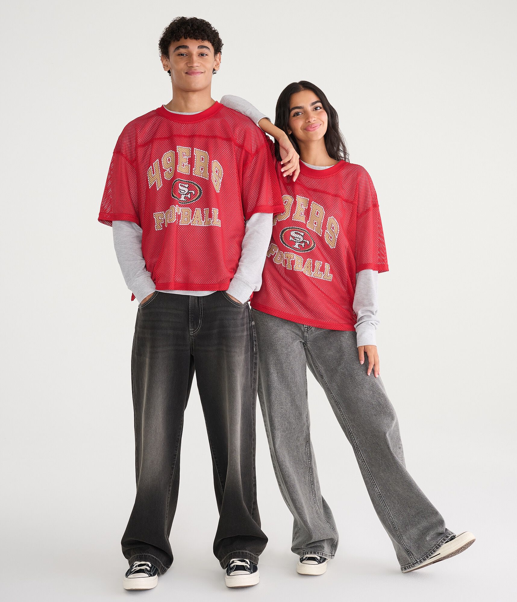 Long Sleeve San Francisco 49ers Football Boxy Mesh 2Fer Top