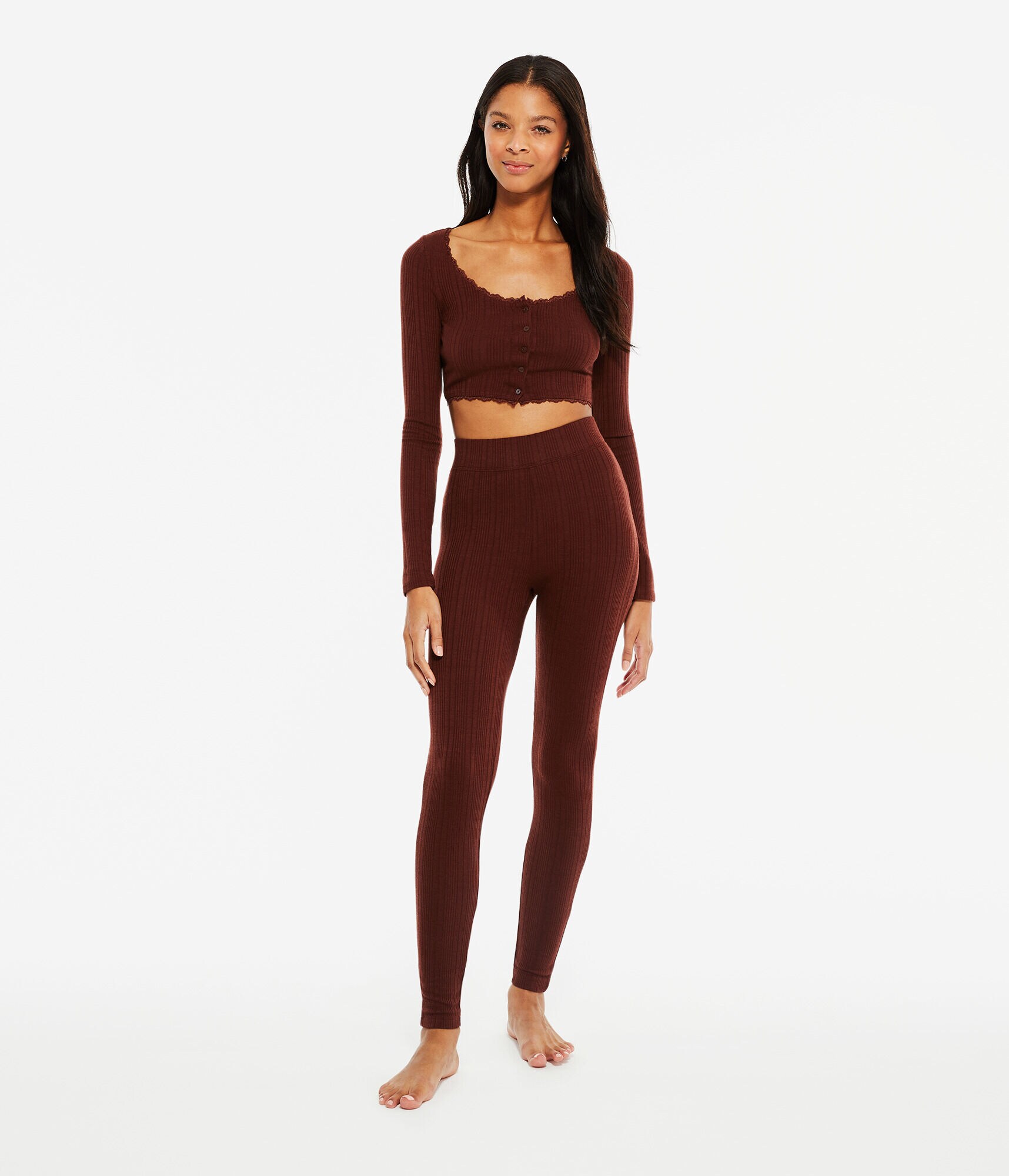 Long Sleeve Ribbed Lace-Trim Cropped Sleep Top
