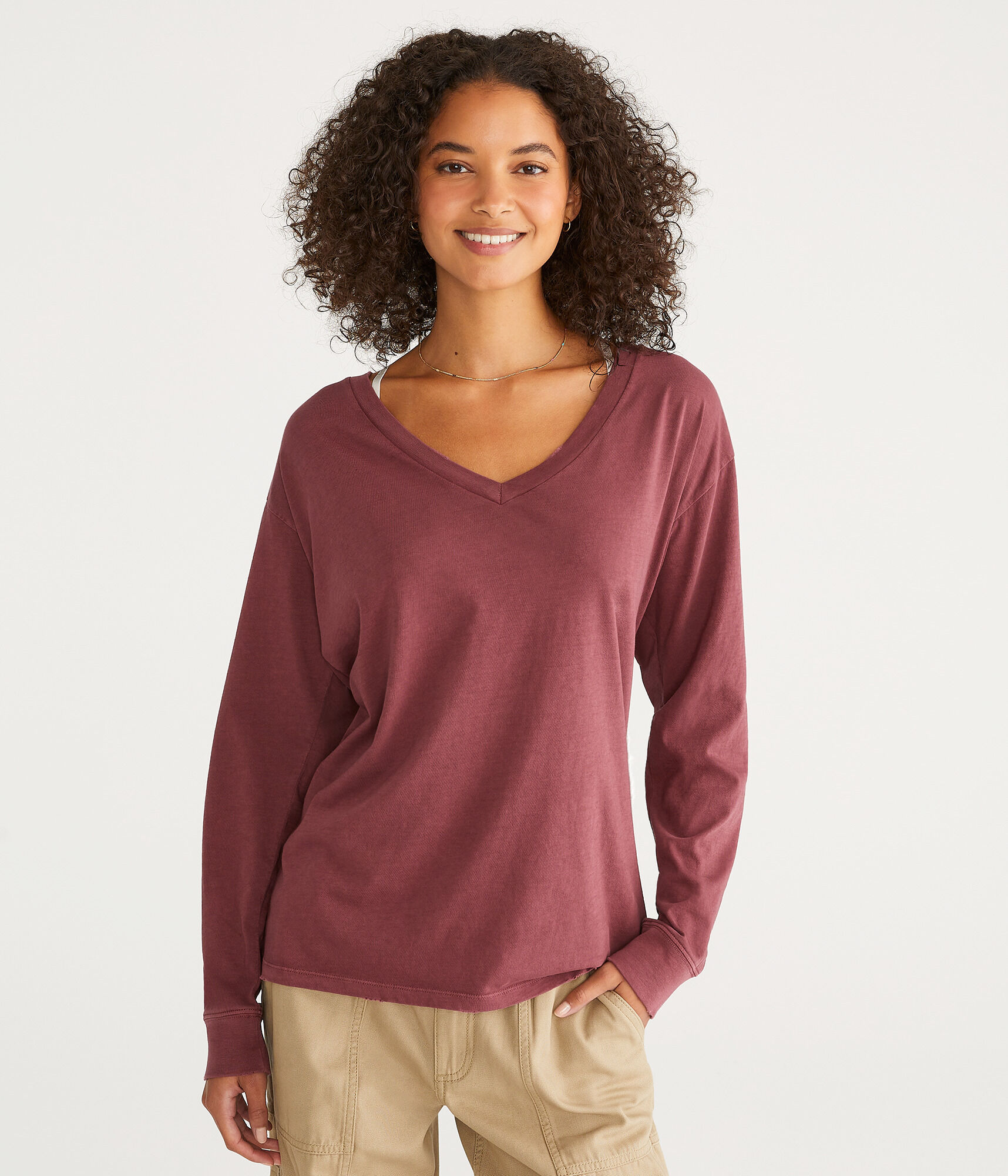 Long Sleeve Washed Loose Fit V-Neck Tee