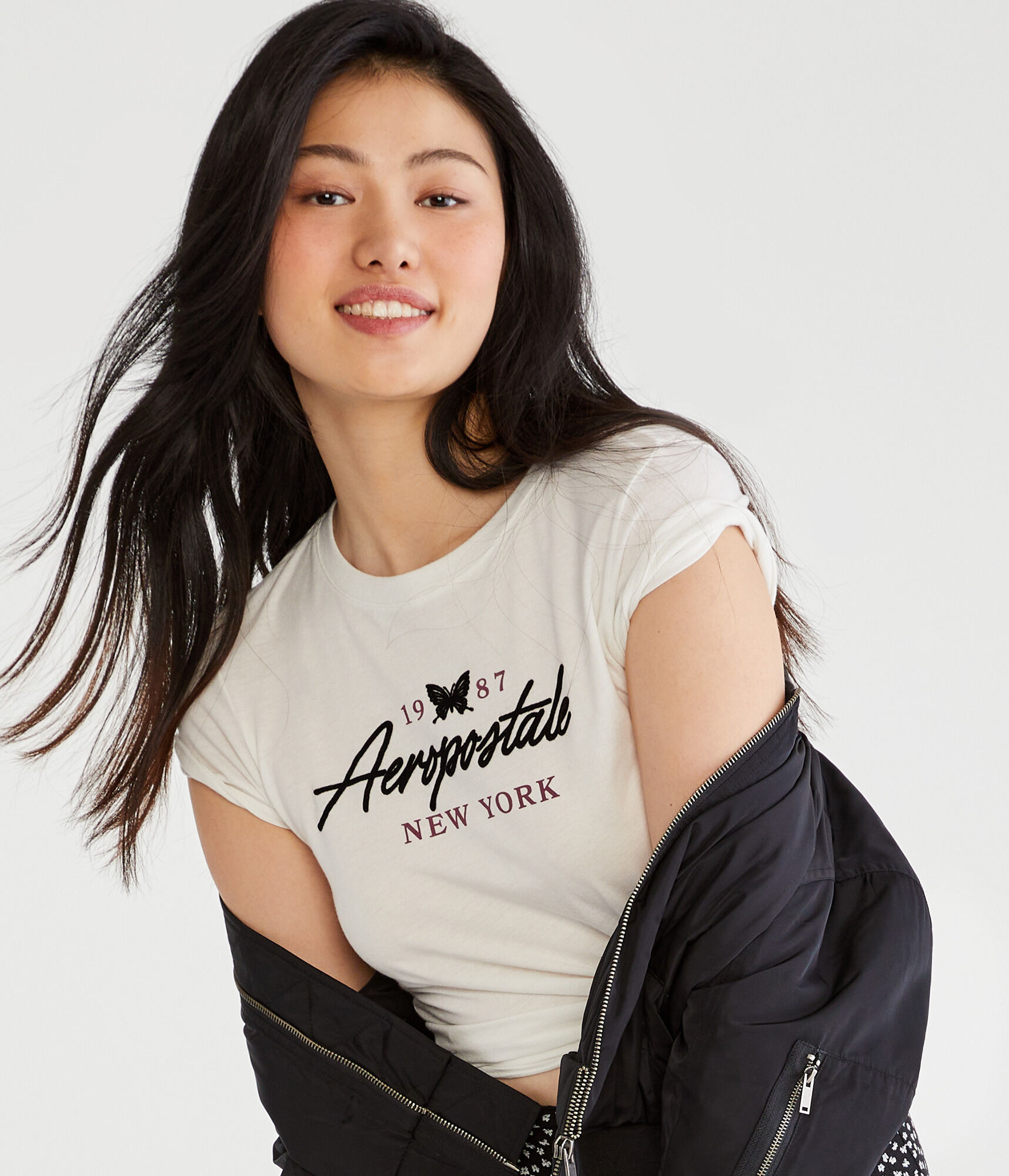 Aeropostale New York Butterfly Flocked Graphic Tee