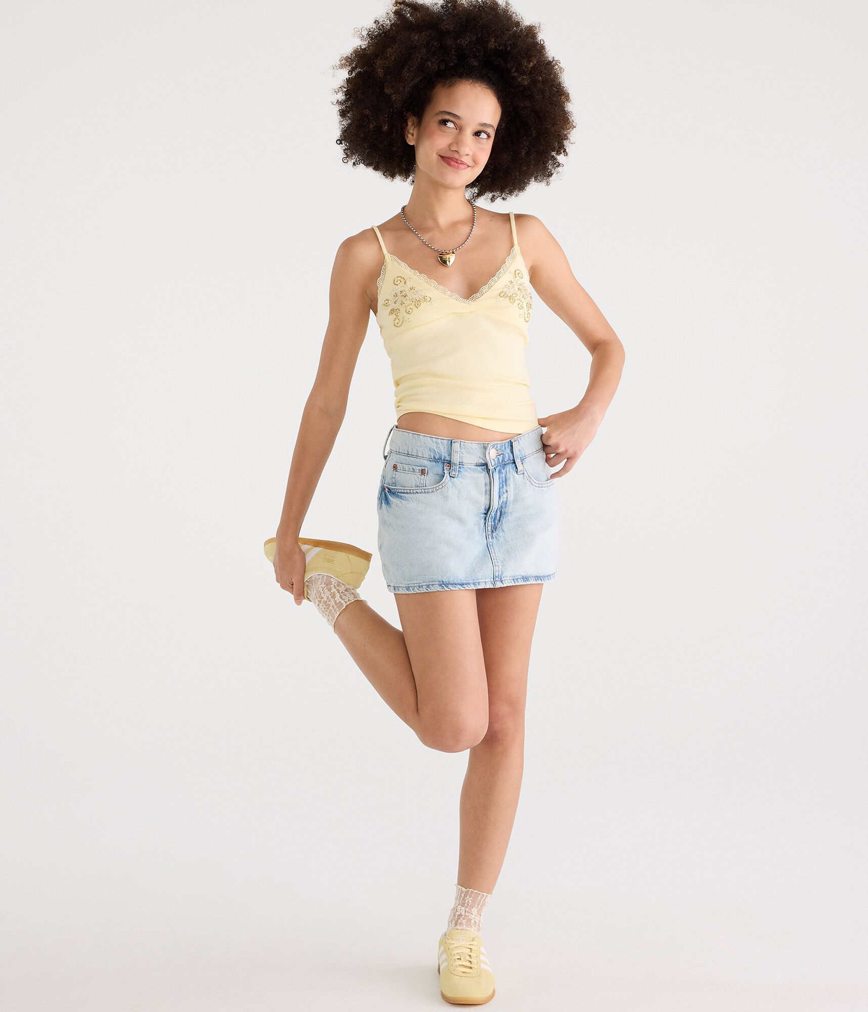 Floral Waistband Low-Rise Denim Mini Skirt