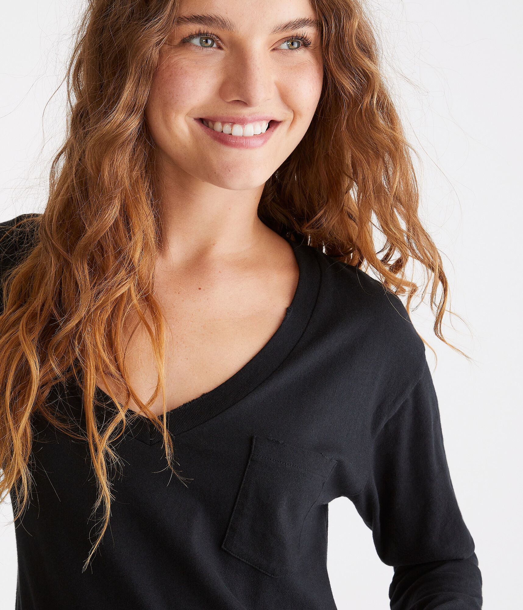 Long Sleeve Loose Fit V-Neck Pocket Tee