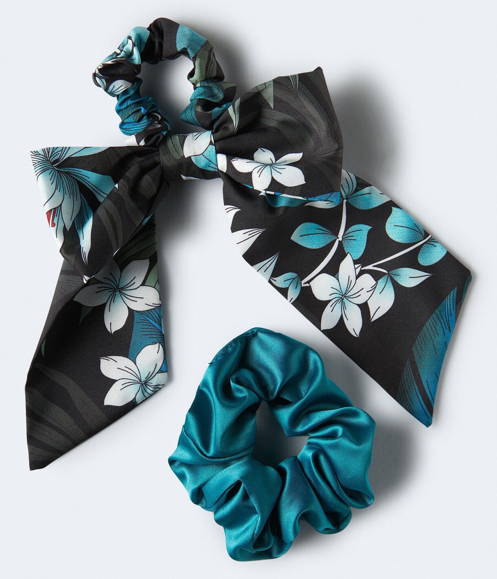 Tropical Flower &amp; Solid Scrunchie 2-Pack