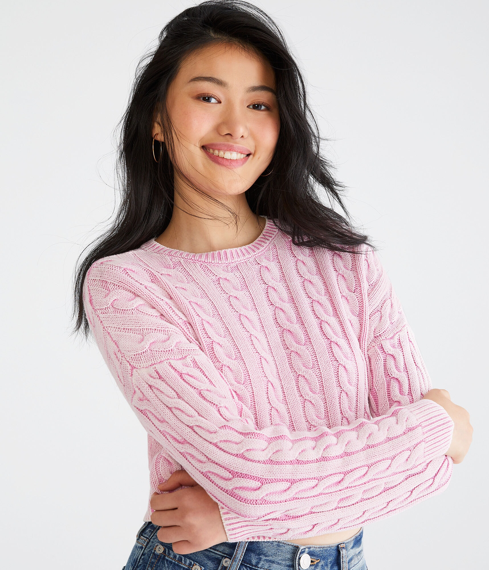 Cable-Knit Cropped Crew Sweater
