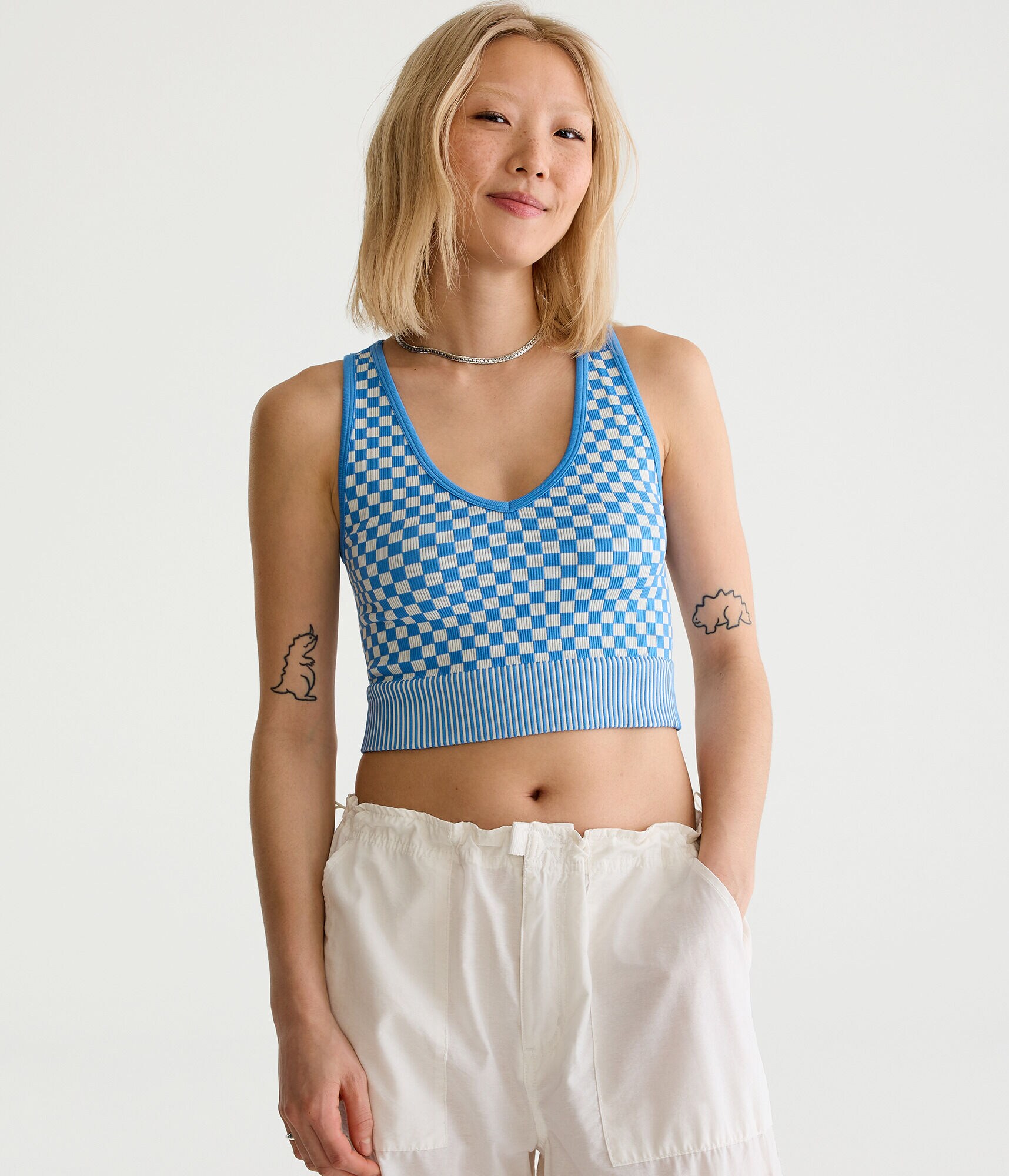 Checker Seamless V-Neck Cropped Tank