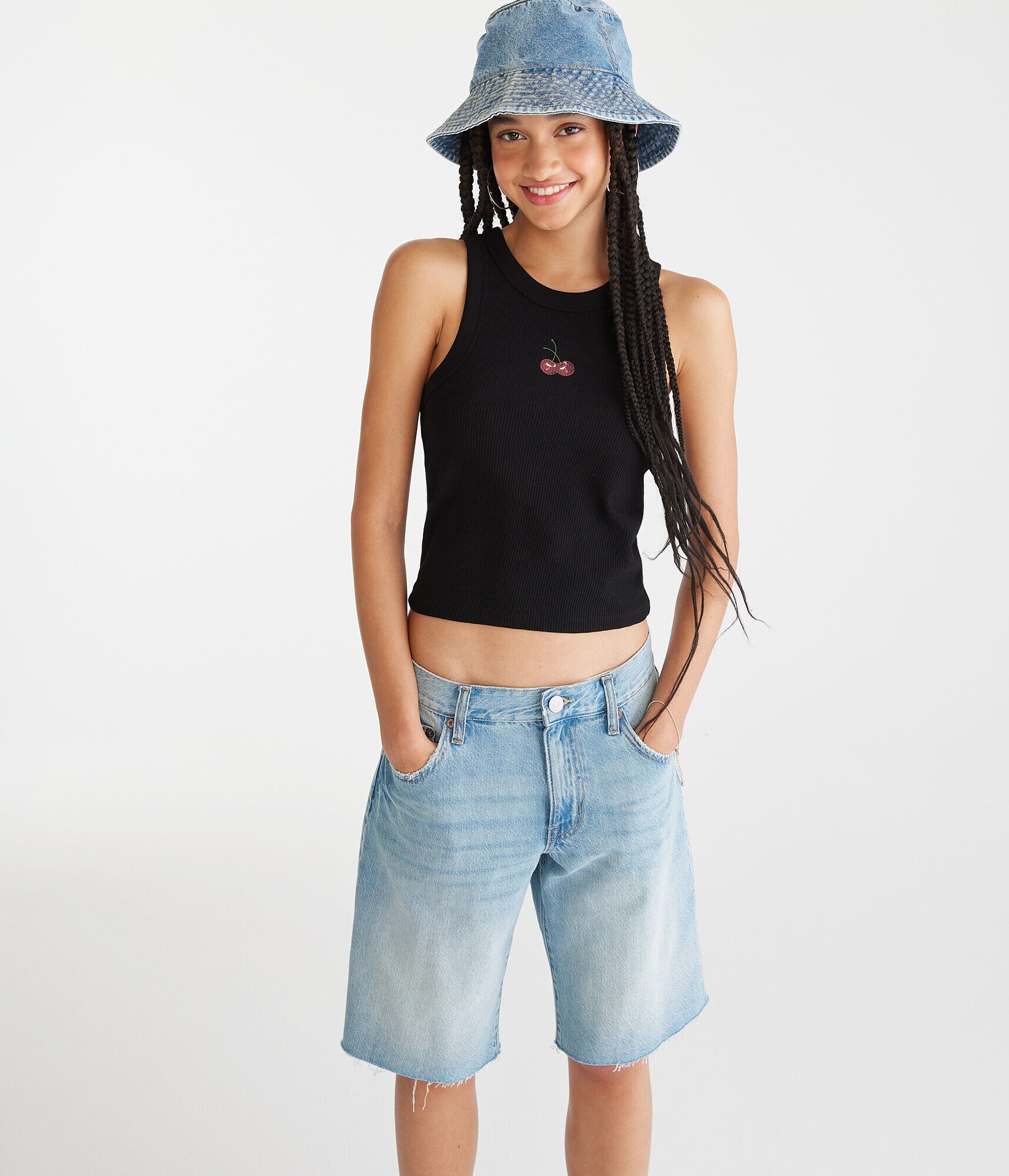 Cherries High-Neck Cropped Waffle Tank