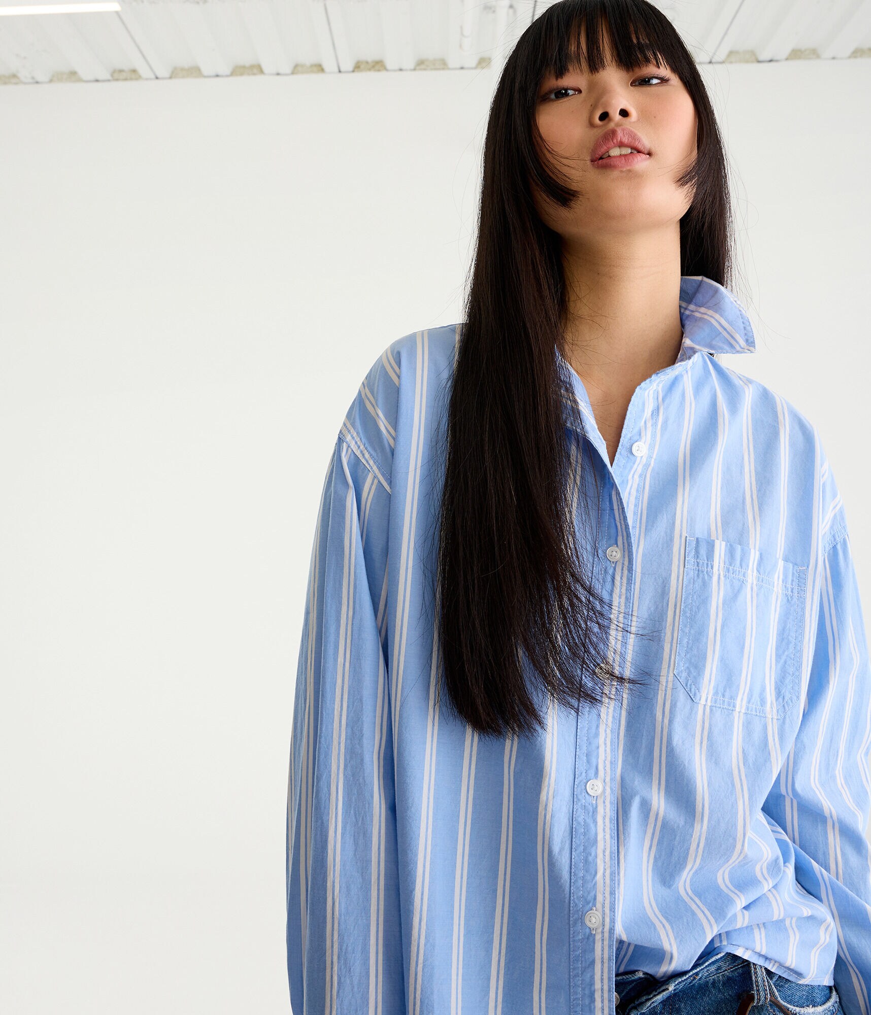 Long Sleeve Oversized Vertical Stripe Button-Down Shirt