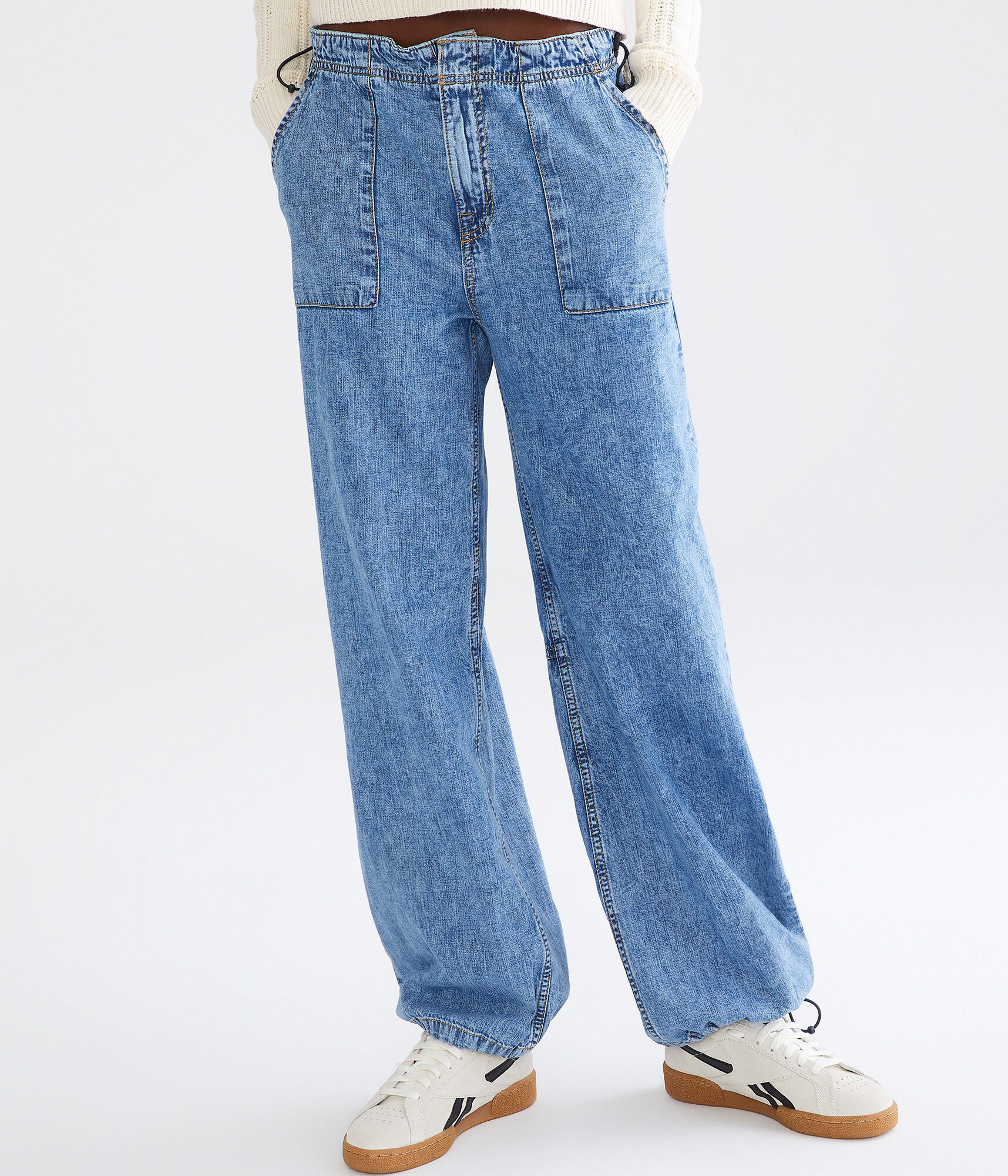 Low-Rise Denim Parachute Pants