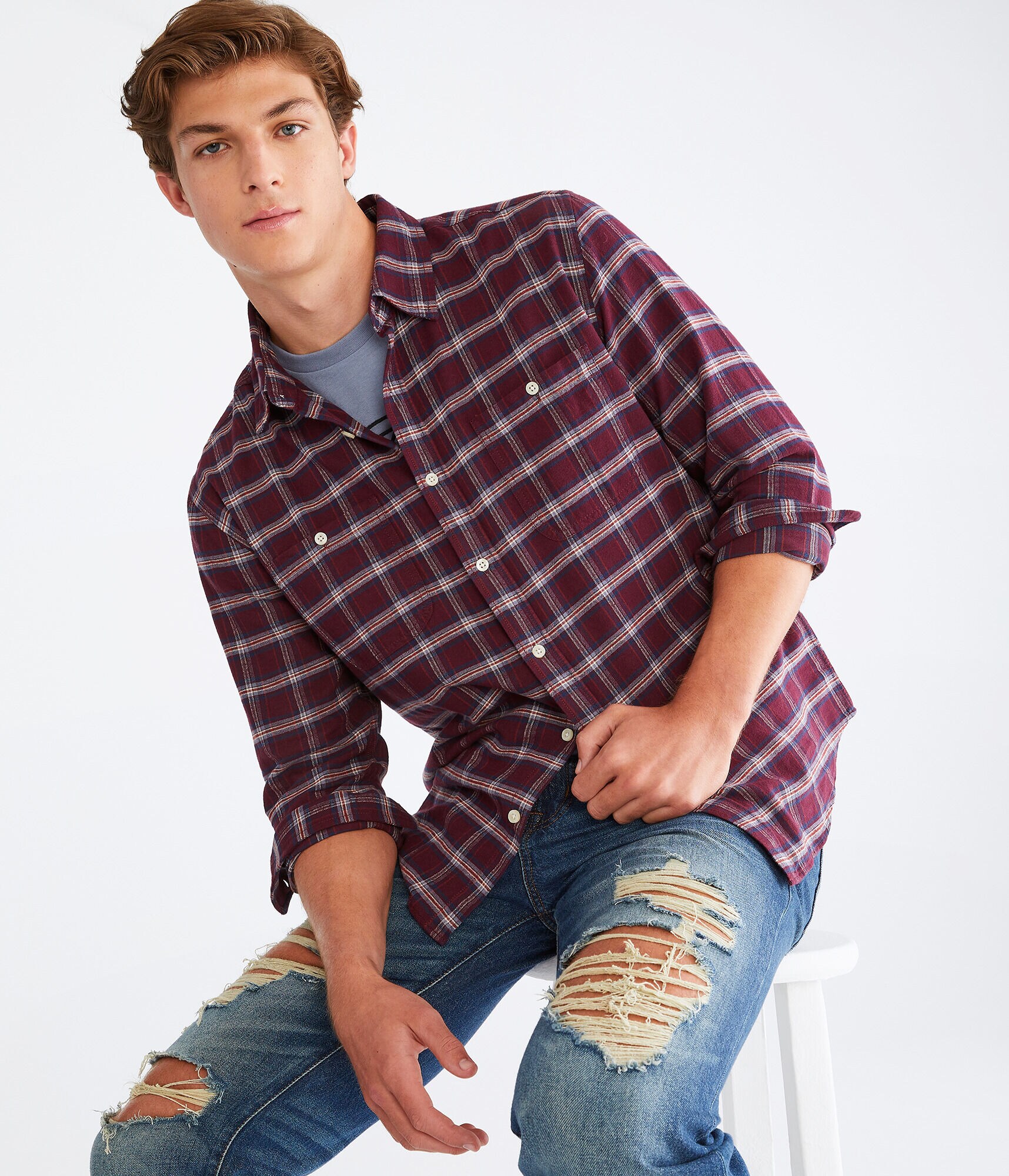 Long Sleeve Relaxed Plaid Oxford Shirt