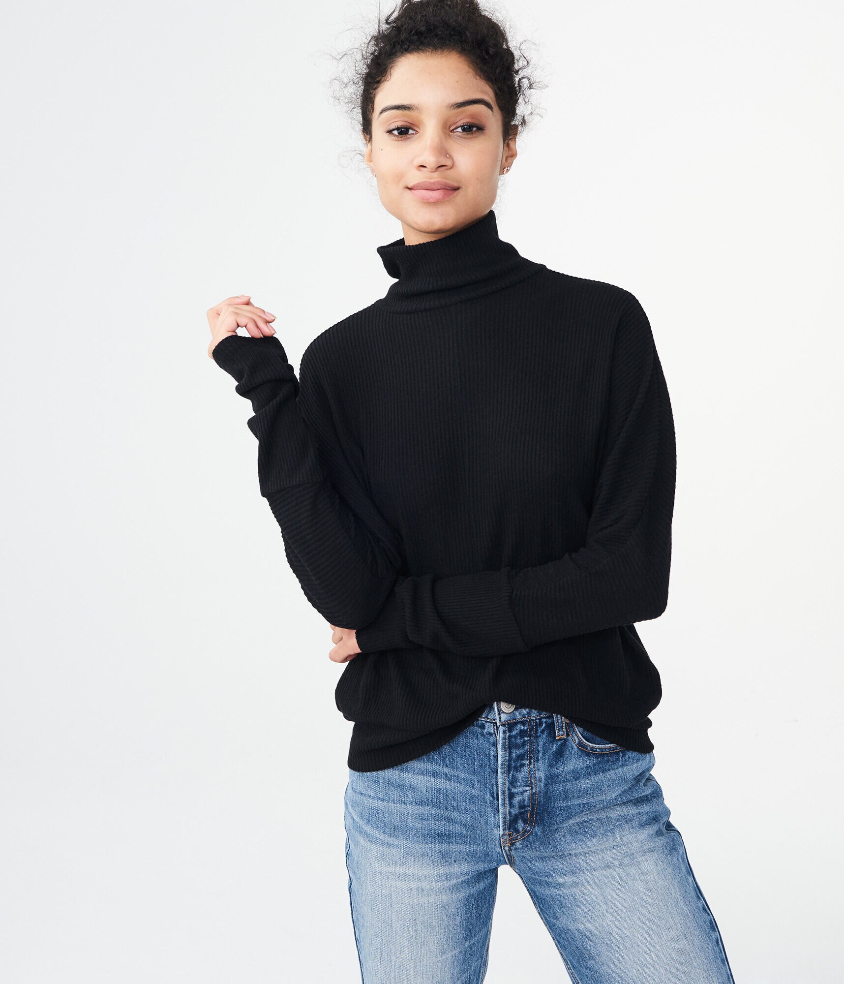 Long Sleeve Solid Dolman Turtleneck Top