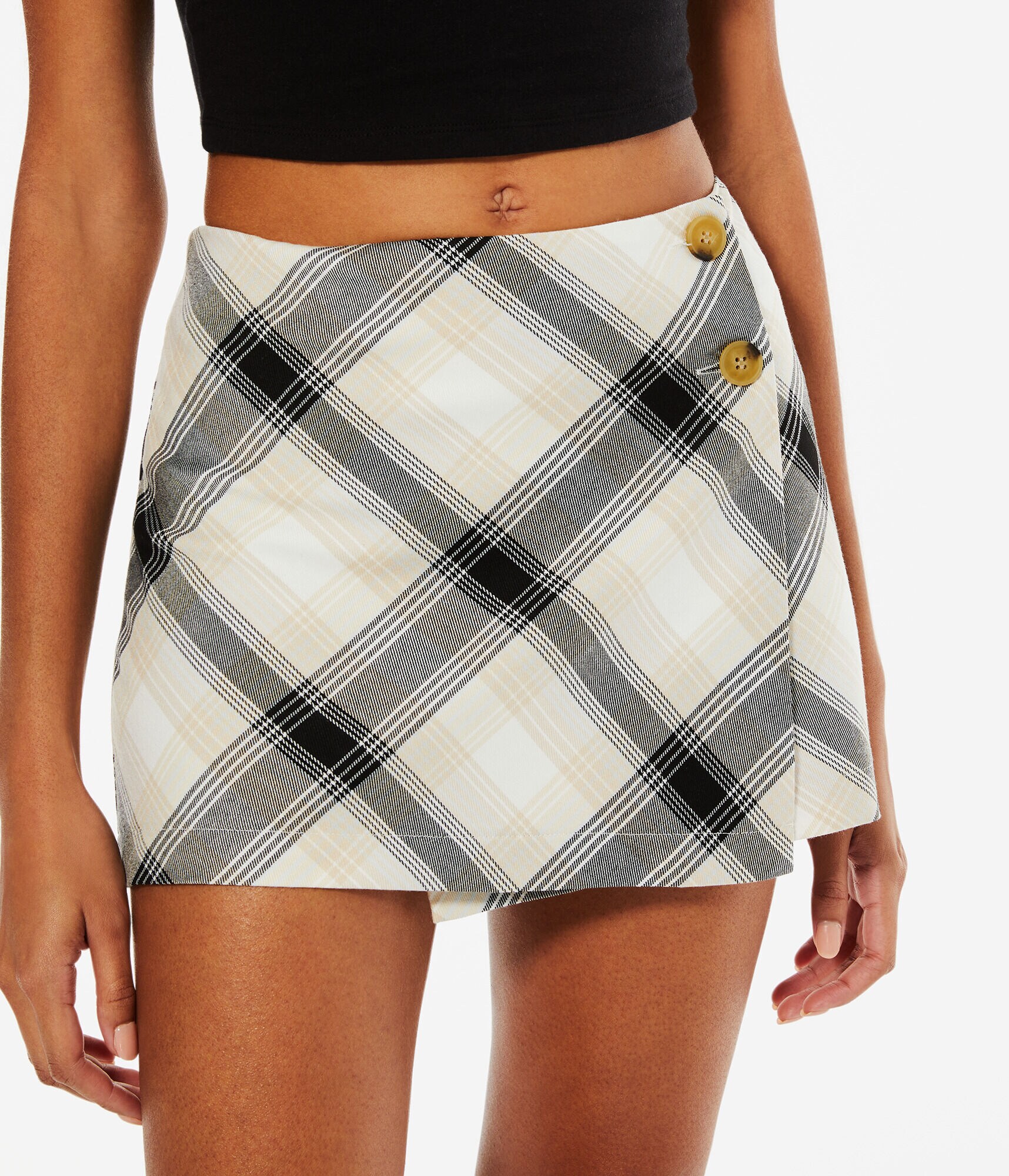 Plaid Mid-Rise Wrap Mini Skirt