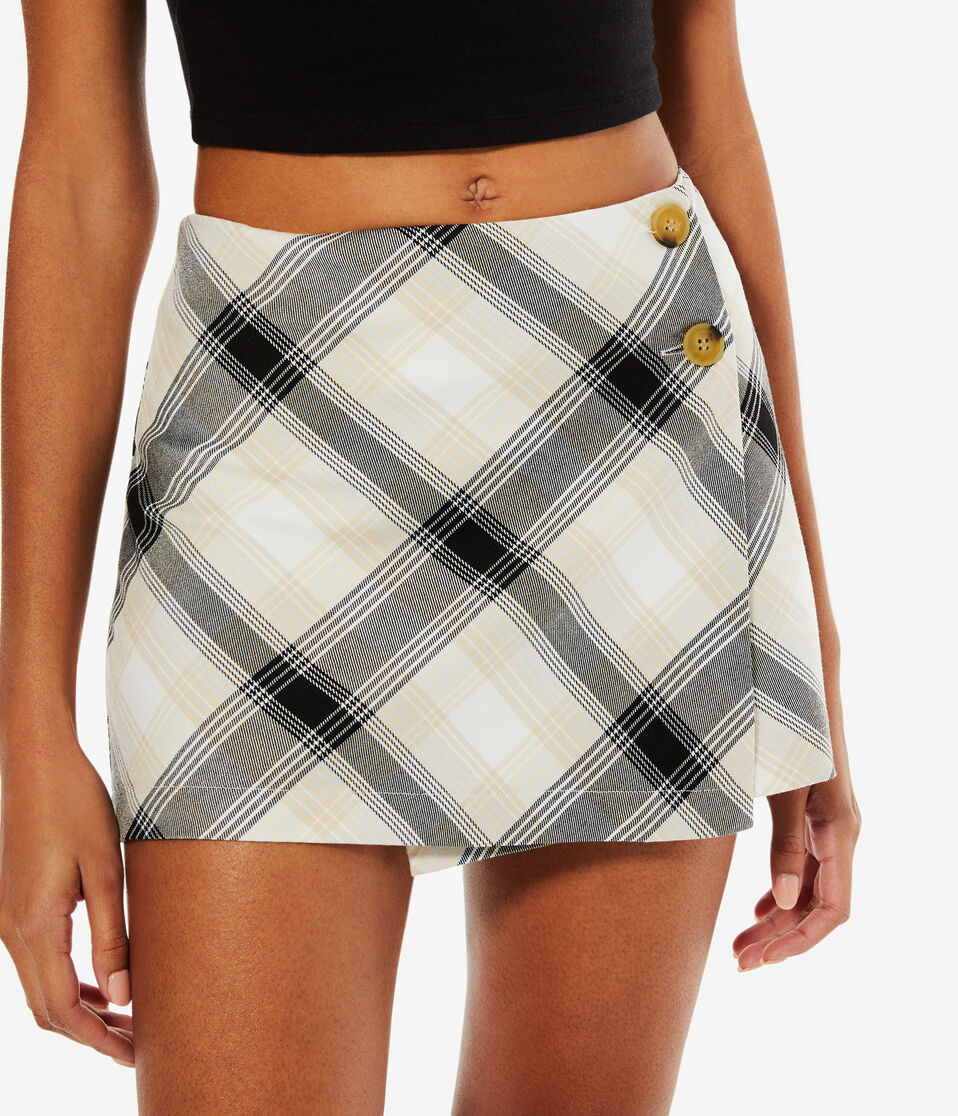 Plaid Mid-Rise Wrap Mini Skirt