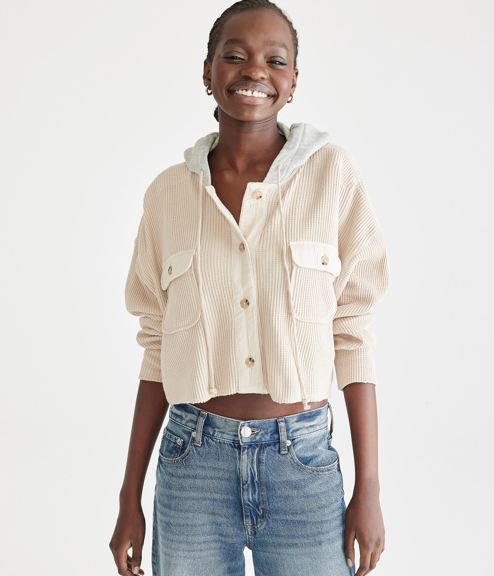 Hooded Waffle-Knit Cropped Jacket