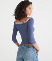 3/4 Sleeve Ribbon Off-The-Shoulder Tee
