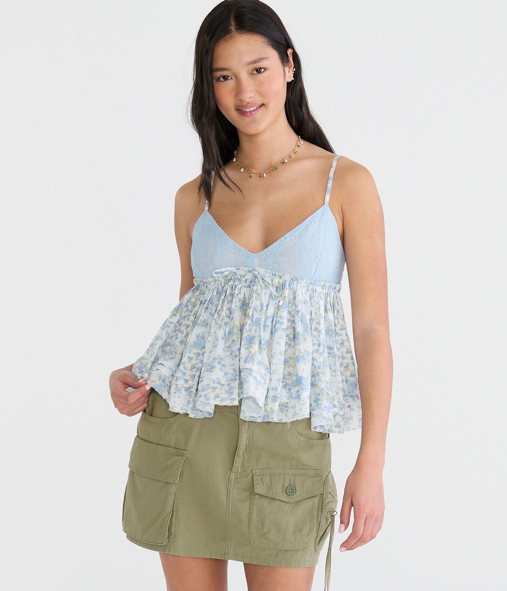 Floral Crocheted V-Neck Babydoll Top