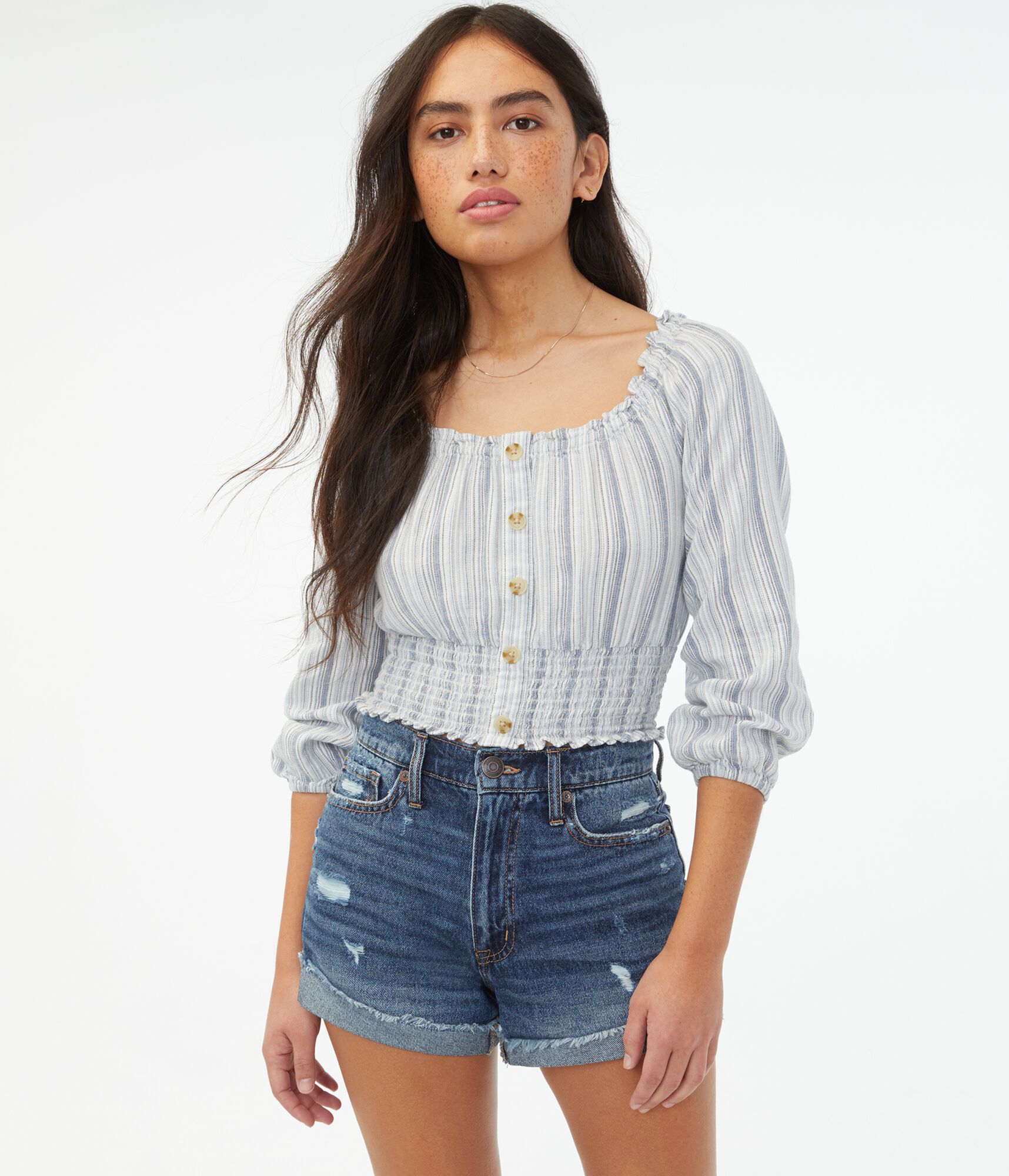 Long Sleeve Striped Smocked Crop Top