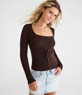 Pointelle Tie-Front Square-Neck Sweater