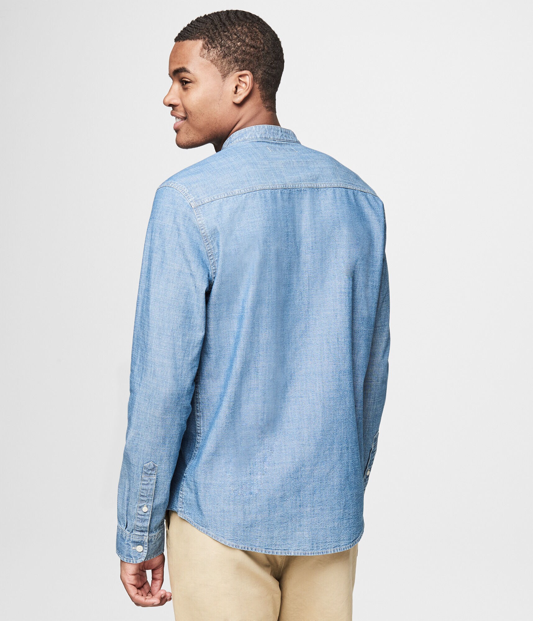 Long Sleeve Banded-Collar Chambray Woven Shirt