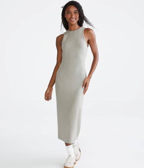 Solid High-Neck Ribbed Midi Dress