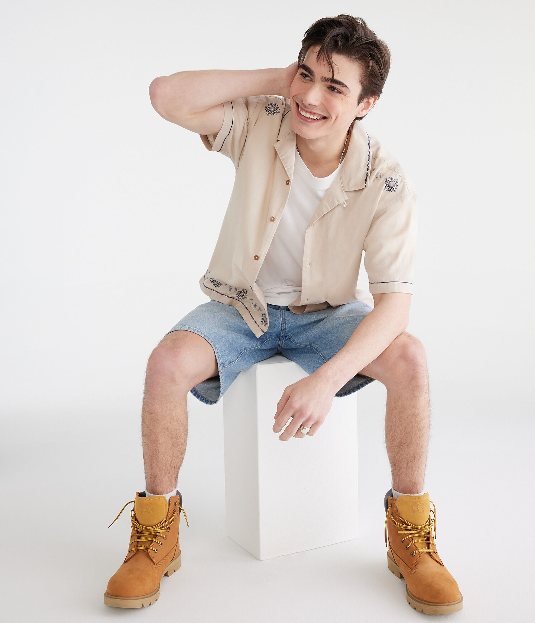 Floral Border Boxy Linen Camp Shirt