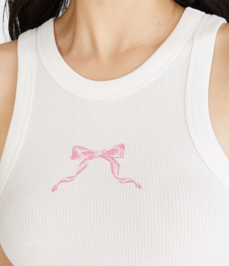 Bow High-Neck Cropped Graphic Waffle Tank