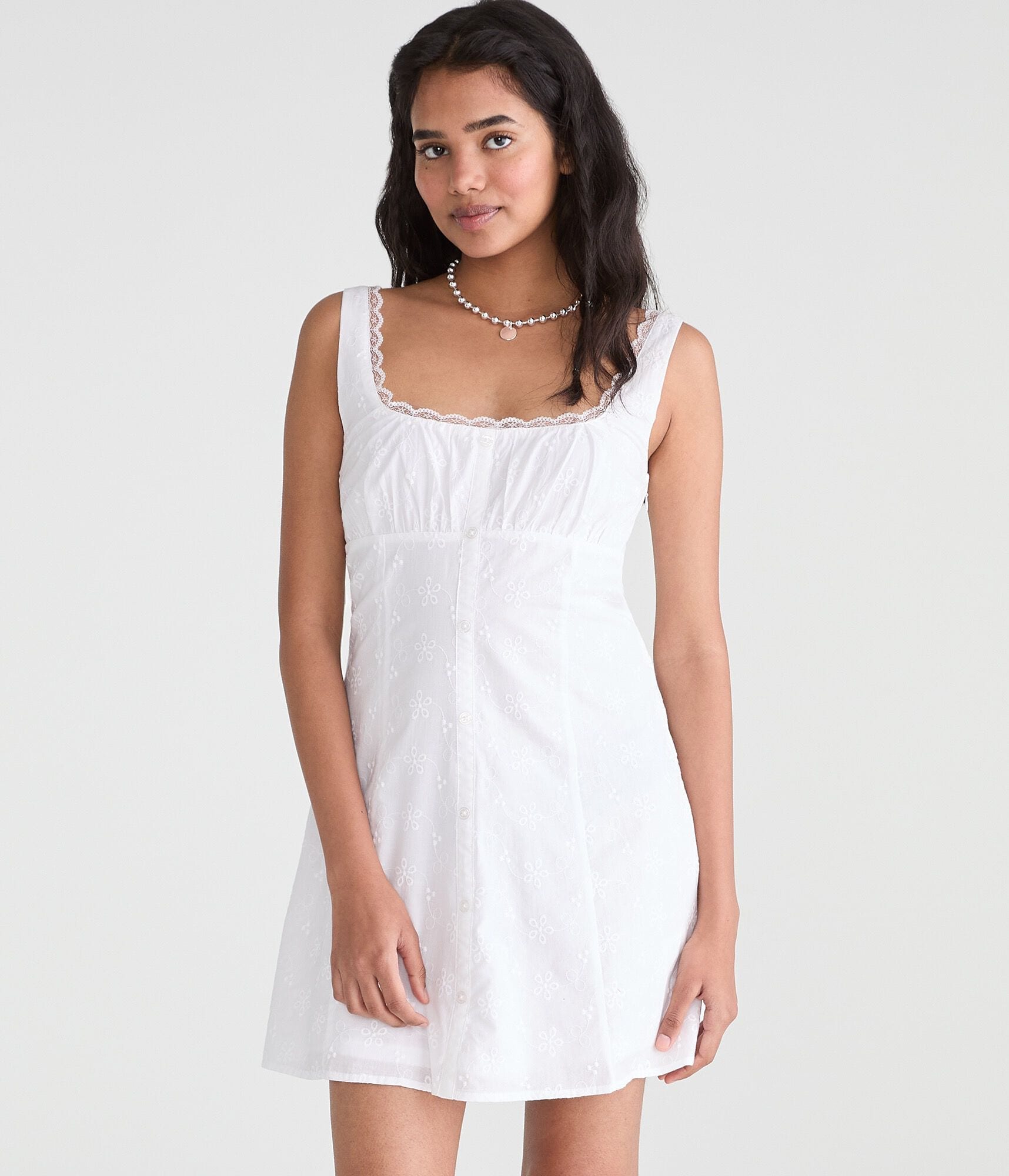 Solid Scoop-Neck Eyelet A-Line Mini Dress