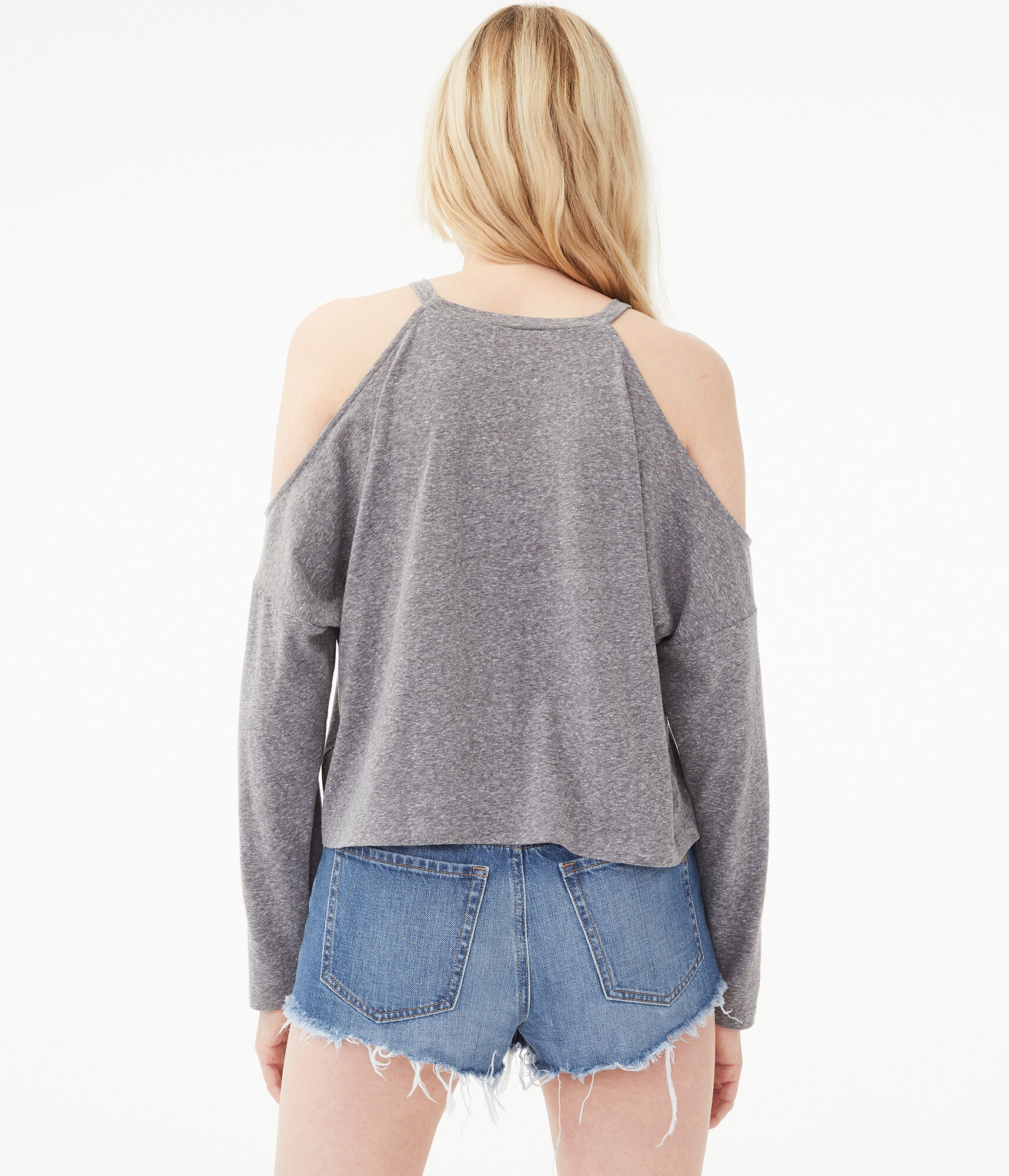Long Sleeve Cold-Shoulder Sweater-Knit Crop Top***