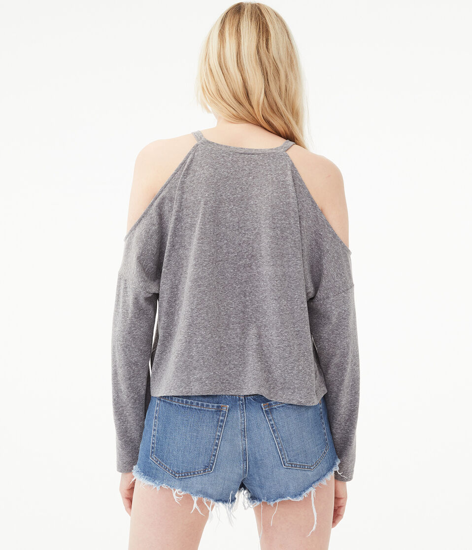 Long Sleeve Cold-Shoulder Sweater-Knit Crop Top***
