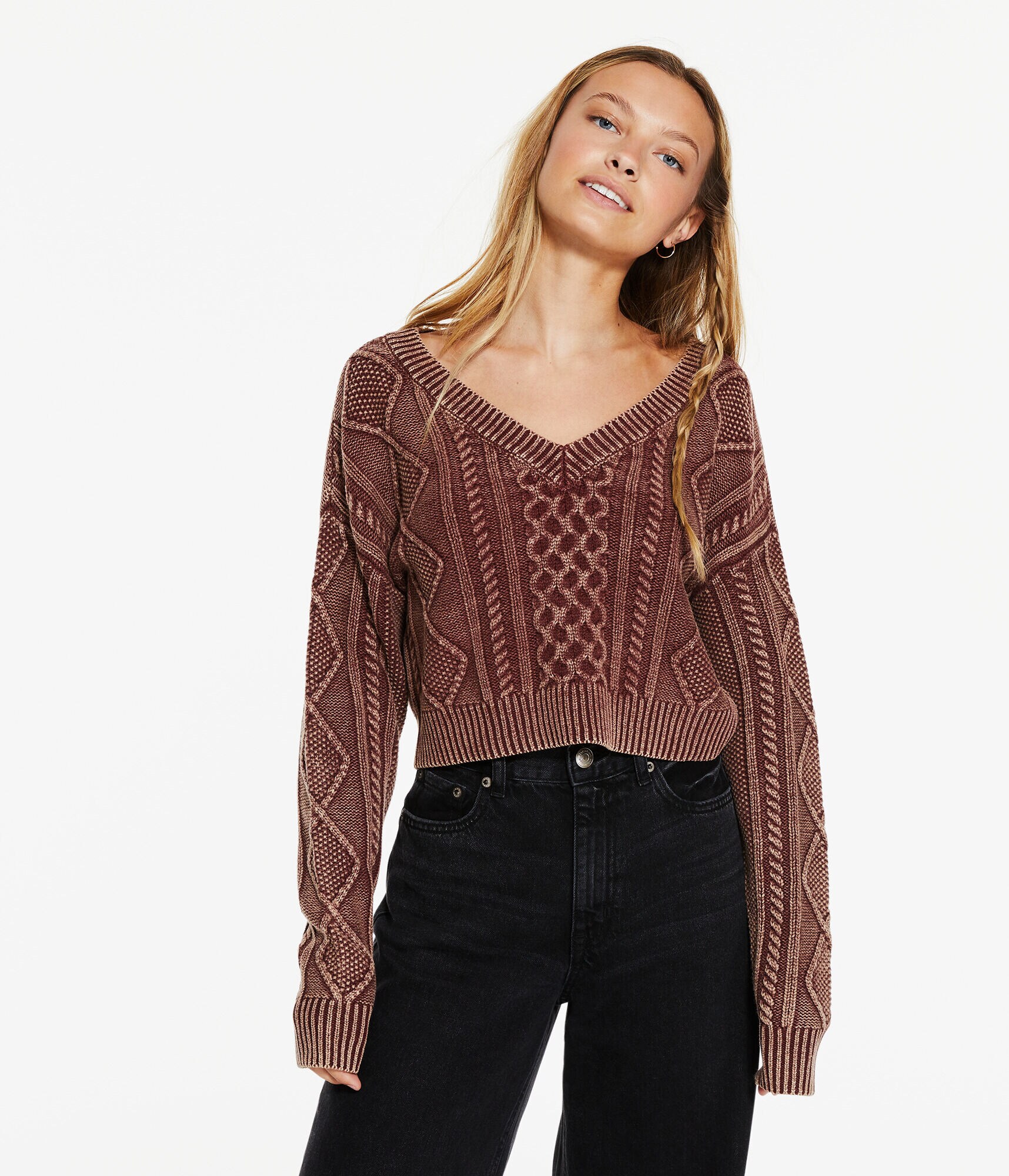 Cable-Knit Cropped V-Neck Sweater
