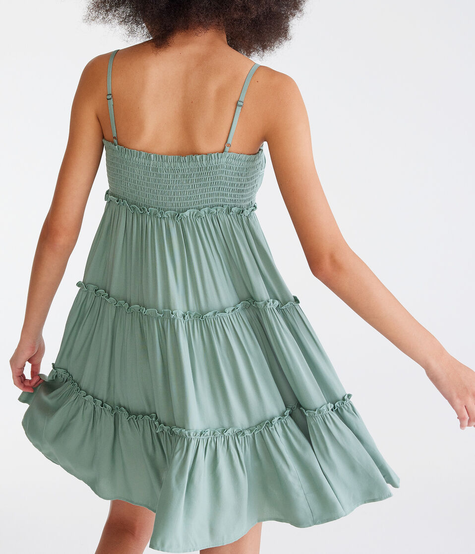 Solid Square-Neck Tiered Mini Dress