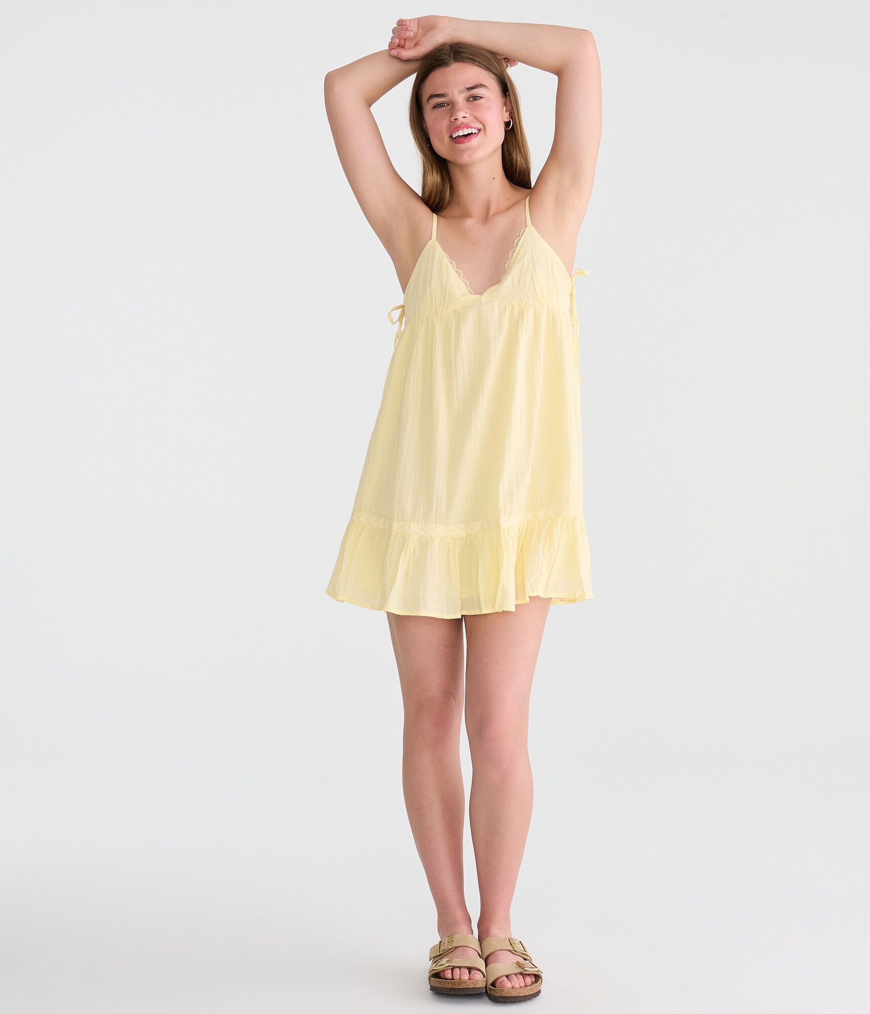 Solid V-Neck Lace-Trim Babydoll Mini Dress