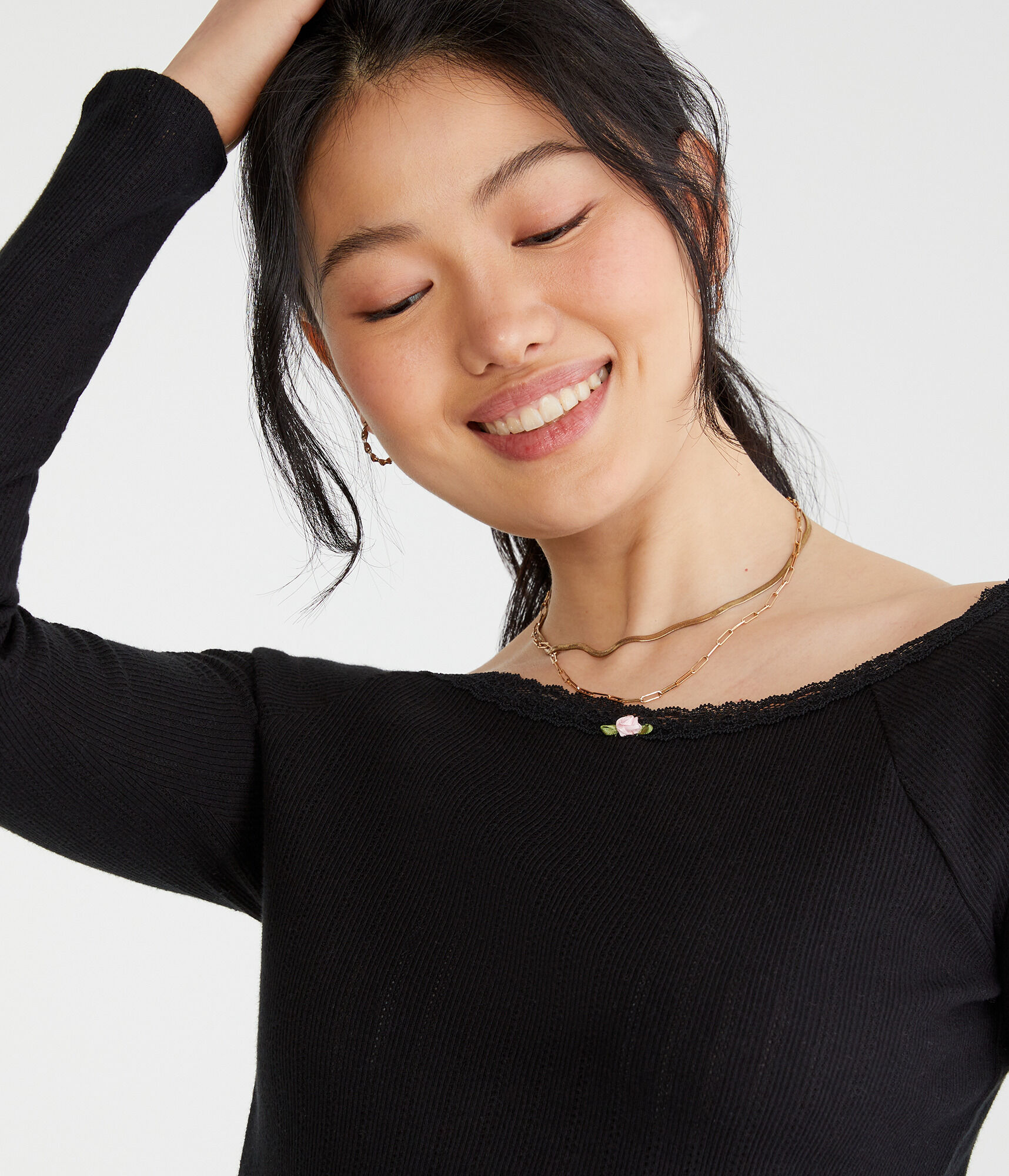 Long Sleeve Pointelle Open-Neck Tee