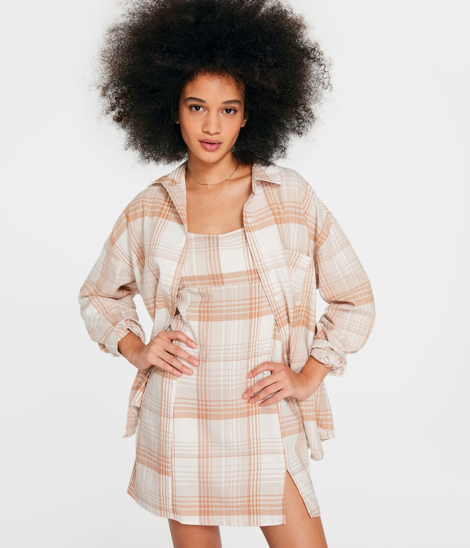 Long Sleeve Oversized Plaid Flannel Button-Down Shirt