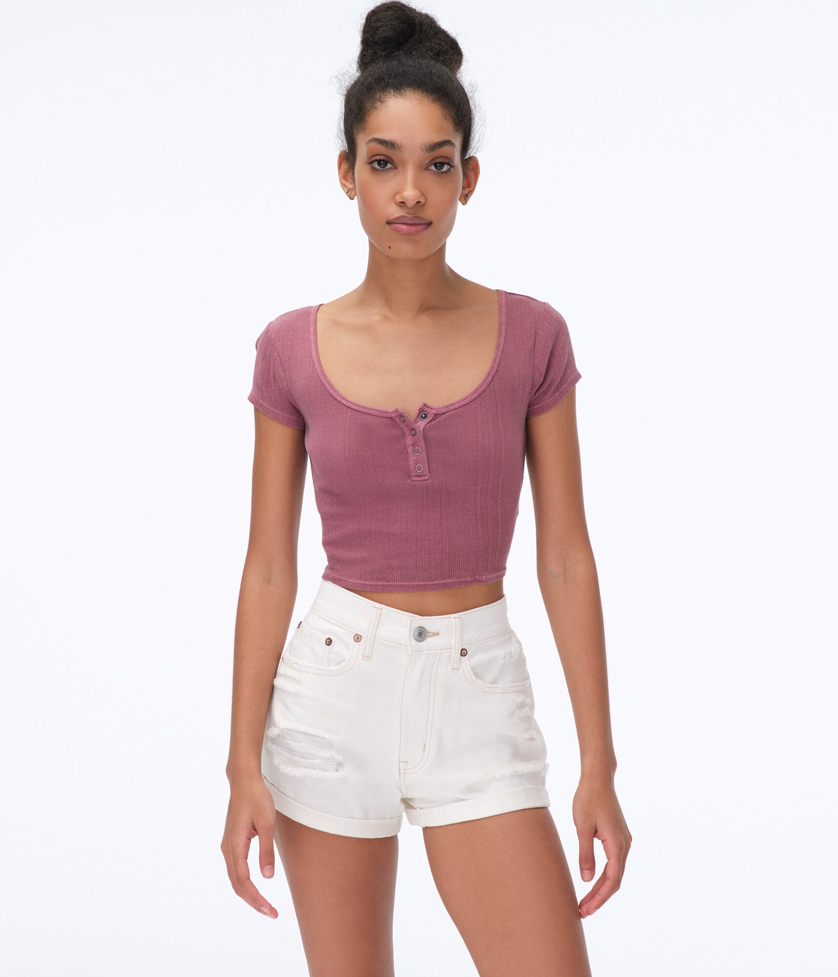 Washed Cropped Snap Henley Tee