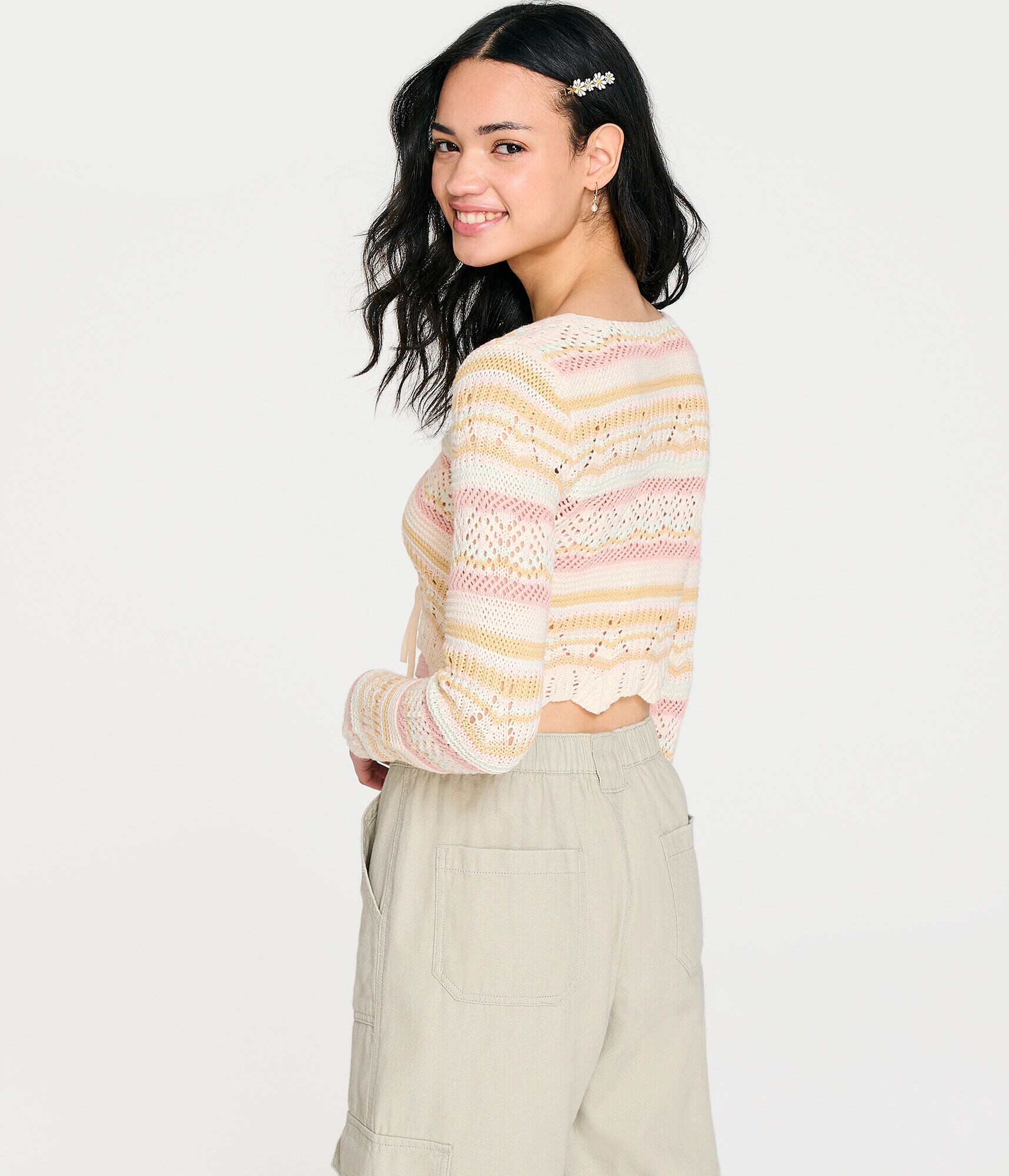 Long Sleeve Striped Keyhole Pointelle Crop Top