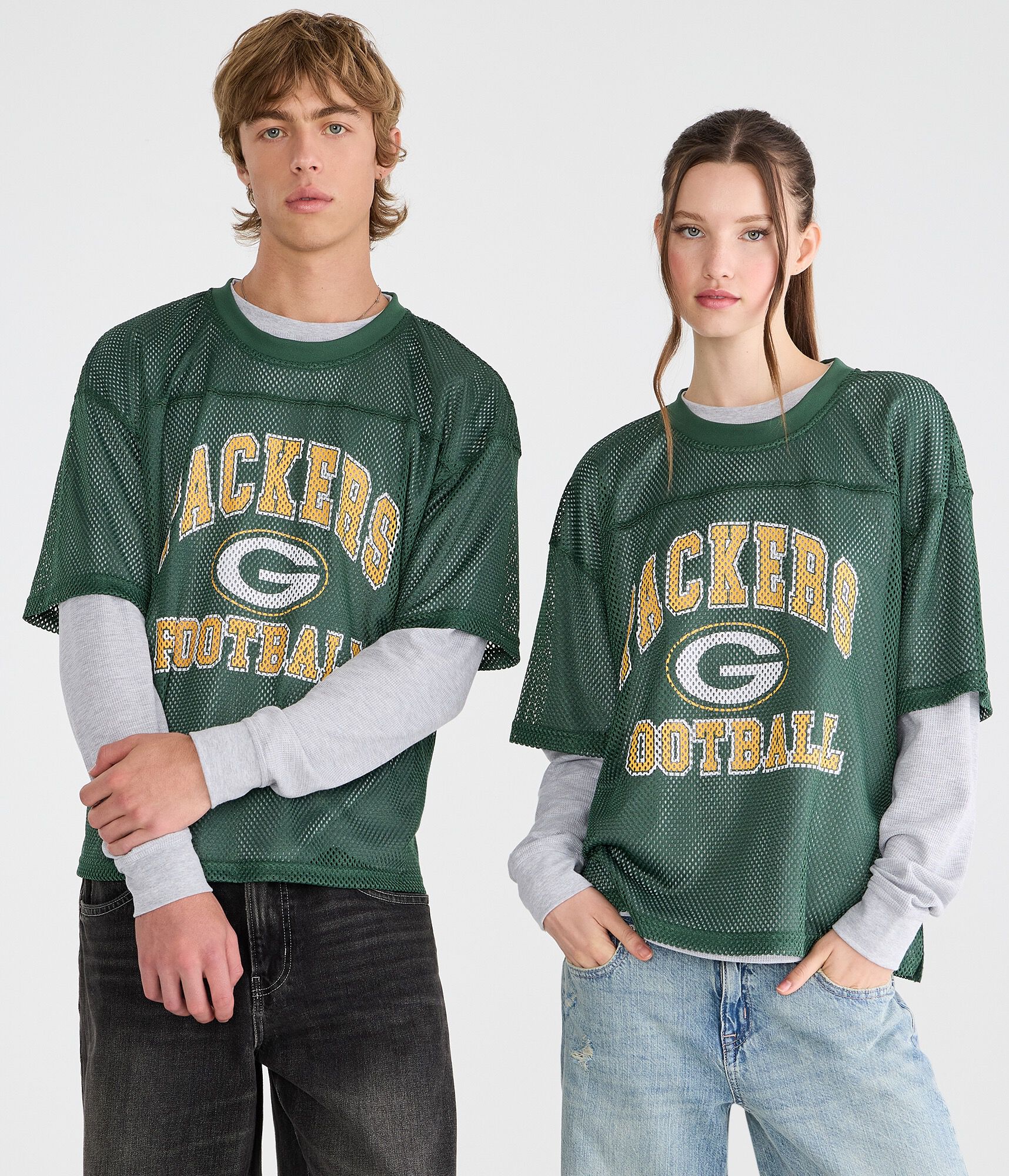 Long Sleeve Green Bay Packers Football Boxy Mesh 2Fer Top