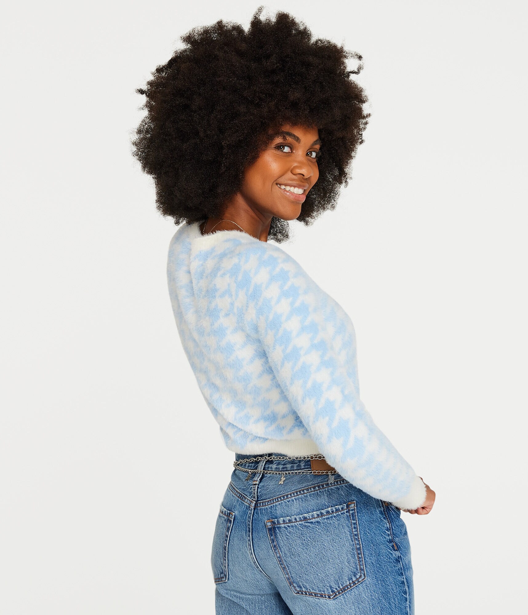 Fuzzy Houndstooth Cropped Cardigan