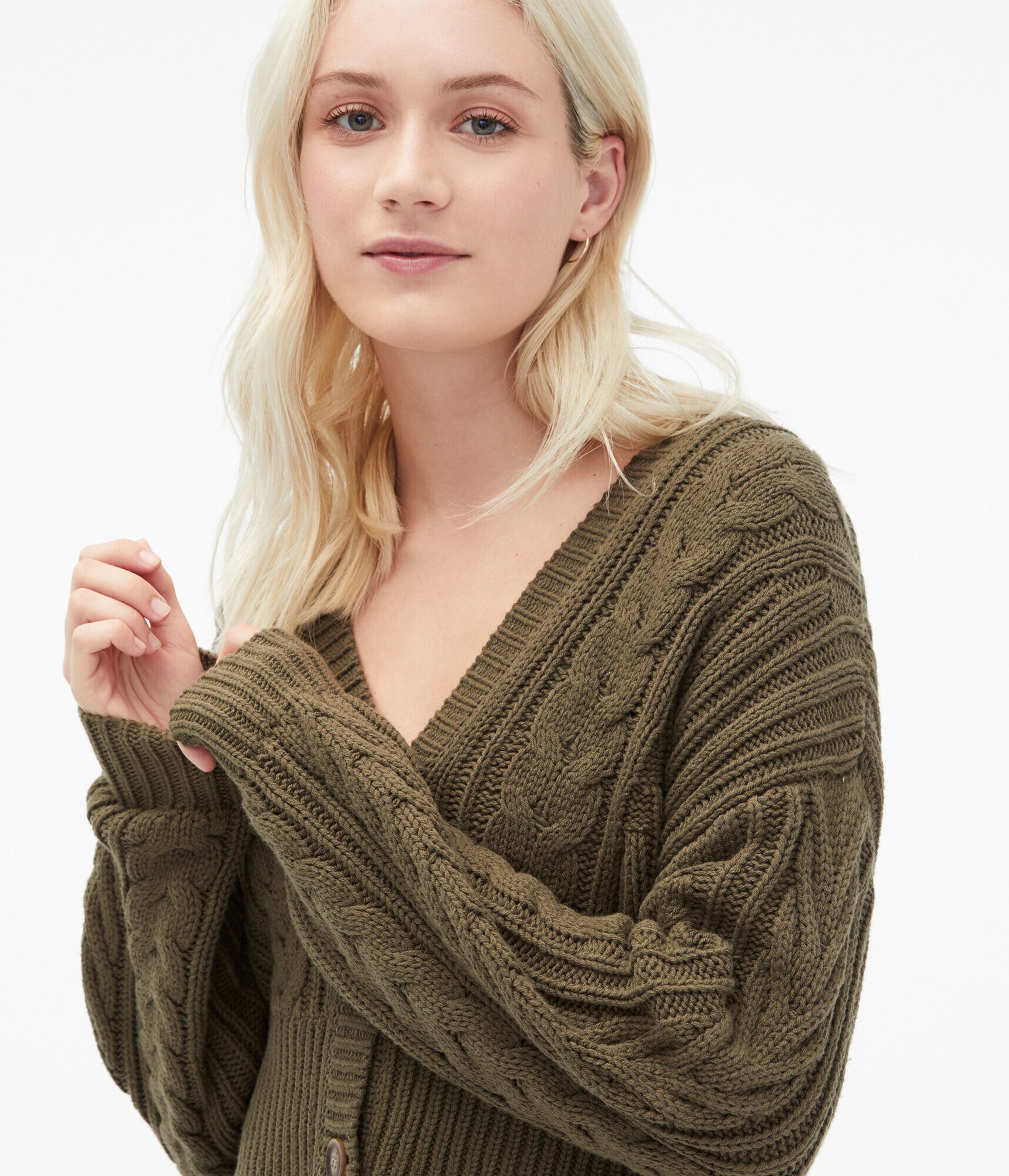 Cable-Knit Cropped V-Neck Cardigan