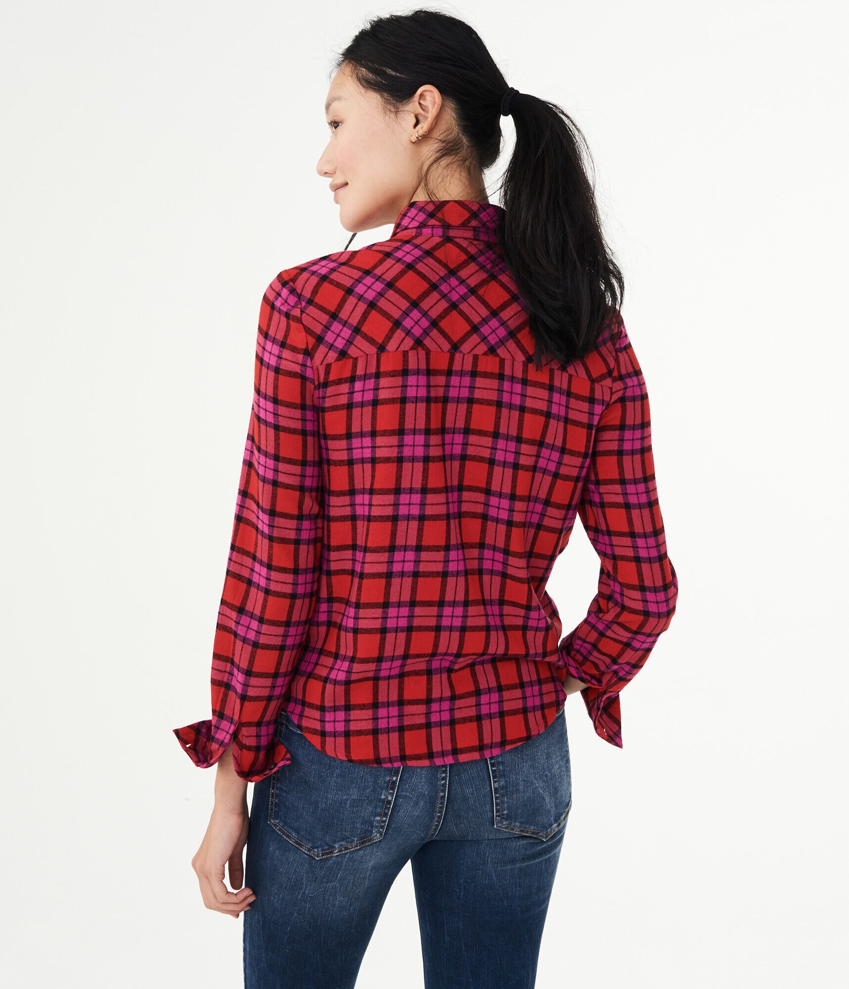 Long Sleeve Plaid Knot-Front Woven Shirt