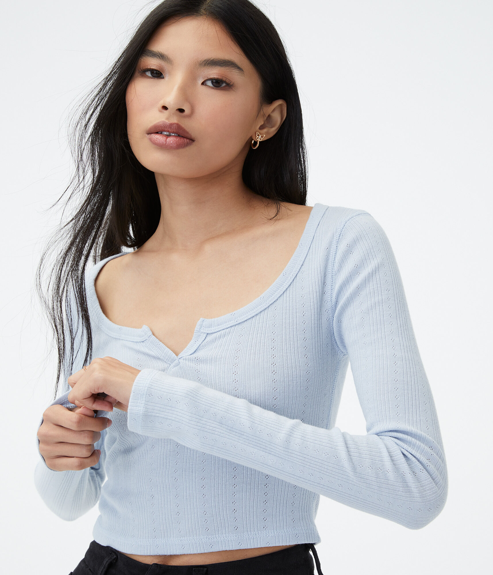 Long Sleeve Notch-Neck Cropped Shrunken Tee