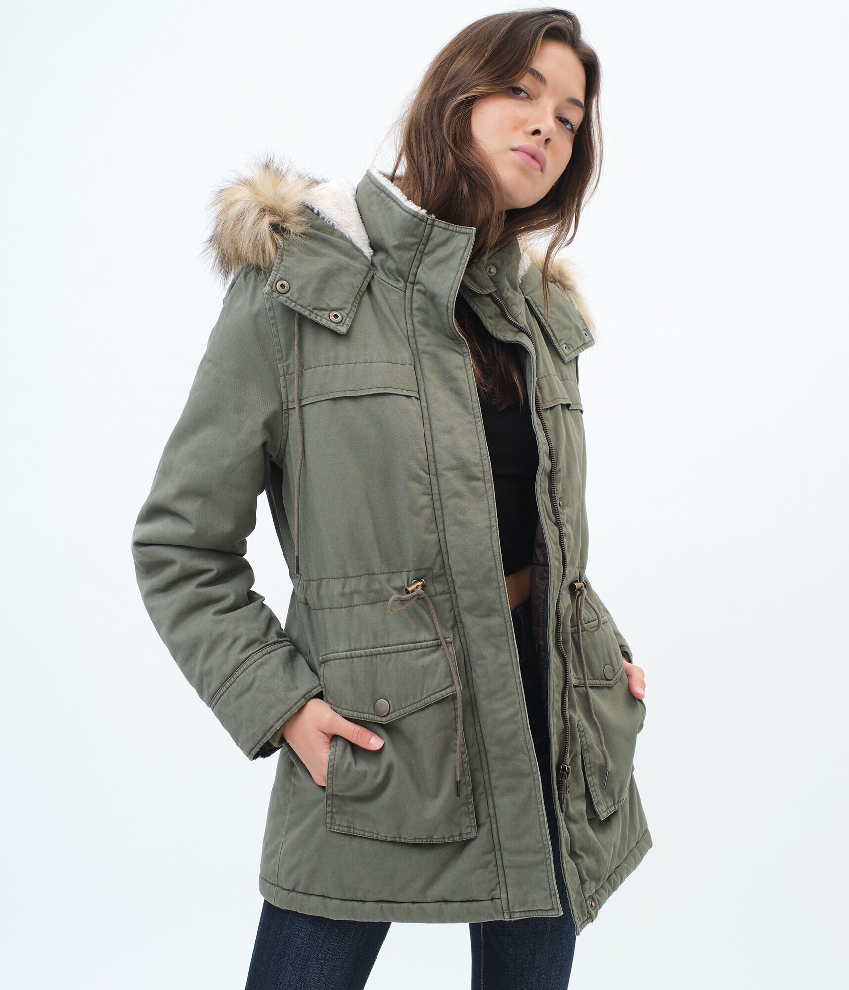 Faux Fur Trim Hooded Parka