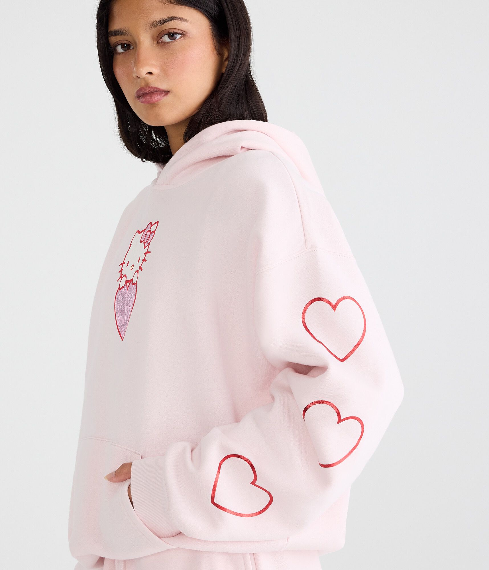 Hello Kitty Rhinestone Hearts Oversized Pullover Hoodie