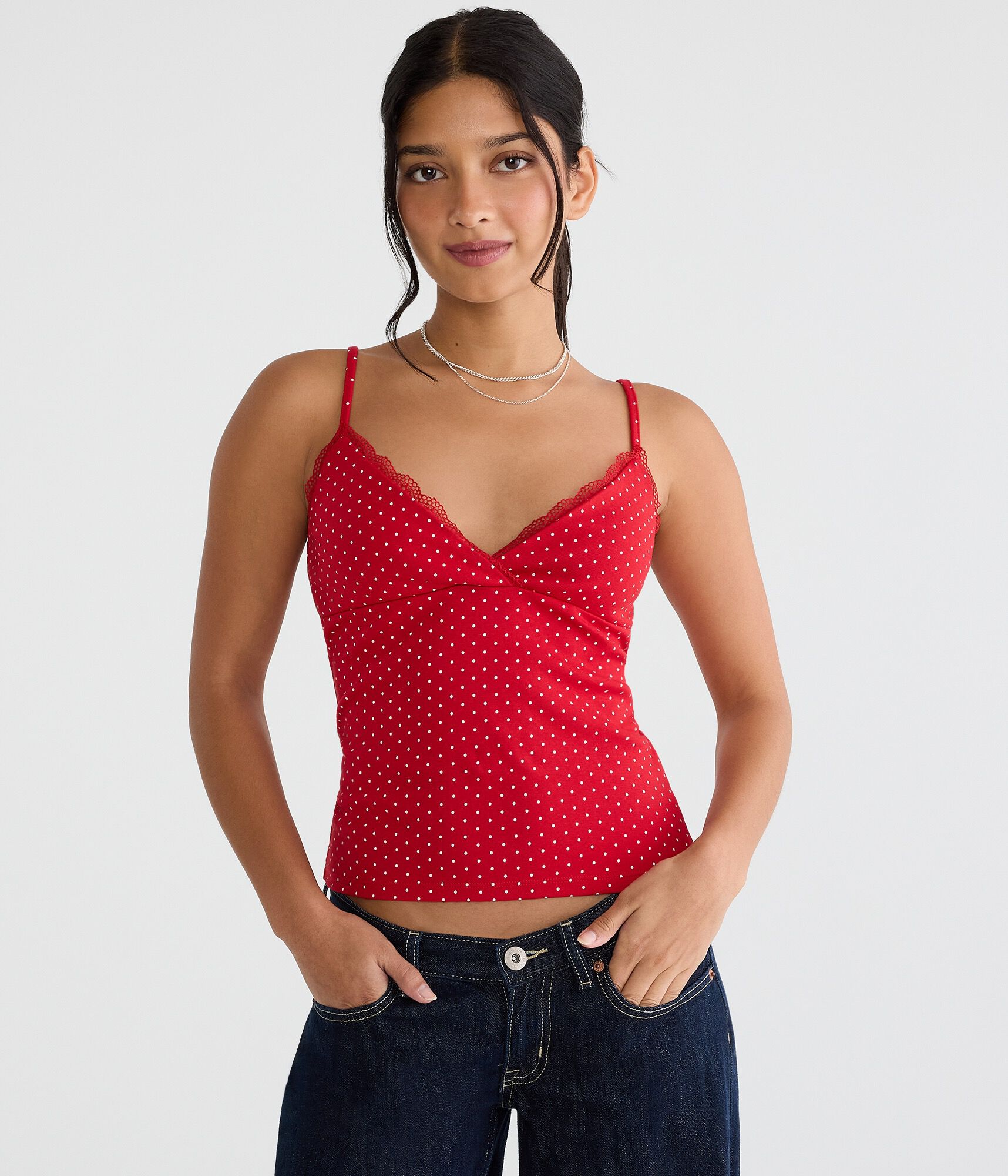 Polka Dot Lace Crisscross V-Neck Cami
