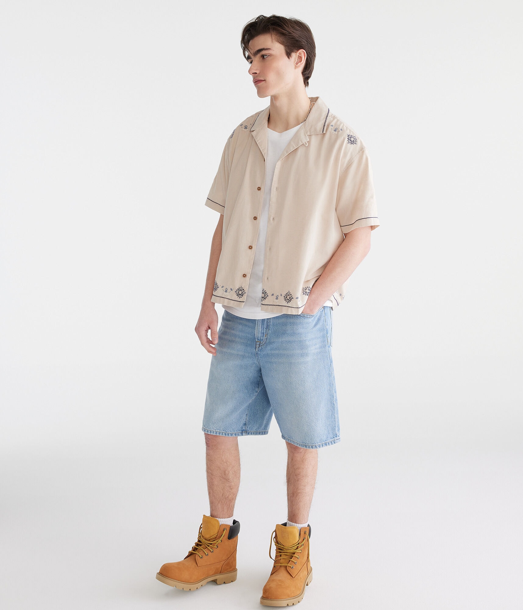 Floral Border Boxy Linen Camp Shirt